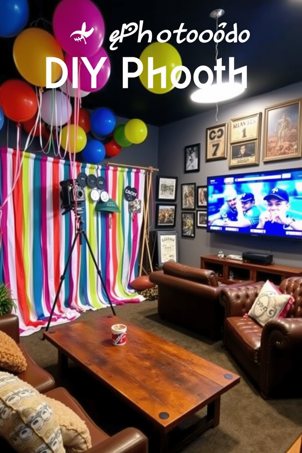 A vibrant DIY photo booth setup featuring a colorful backdrop adorned with balloons and streamers. The area includes a vintage camera on a tripod, playful props like oversized sunglasses and hats, and a cozy seating arrangement with cushions for guests to enjoy. A stylish man cave designed with leather sofas and a rustic wooden coffee table. The walls are decorated with framed sports memorabilia, and a large flat-screen TV is mounted for the ultimate viewing experience, complemented by ambient lighting for a relaxed atmosphere.