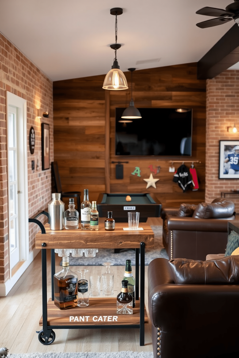 A rustic bar cart made of reclaimed wood, featuring a dark metal frame and wheels for easy mobility. The cart is adorned with an assortment of glassware, a vintage cocktail shaker, and a selection of fine spirits, all set against a backdrop of exposed brick walls. A cozy man cave designed with deep leather seating and a large flat-screen TV mounted on a wooden accent wall. The space is illuminated by warm pendant lights, with a pool table in the center and sports memorabilia artfully displayed throughout.