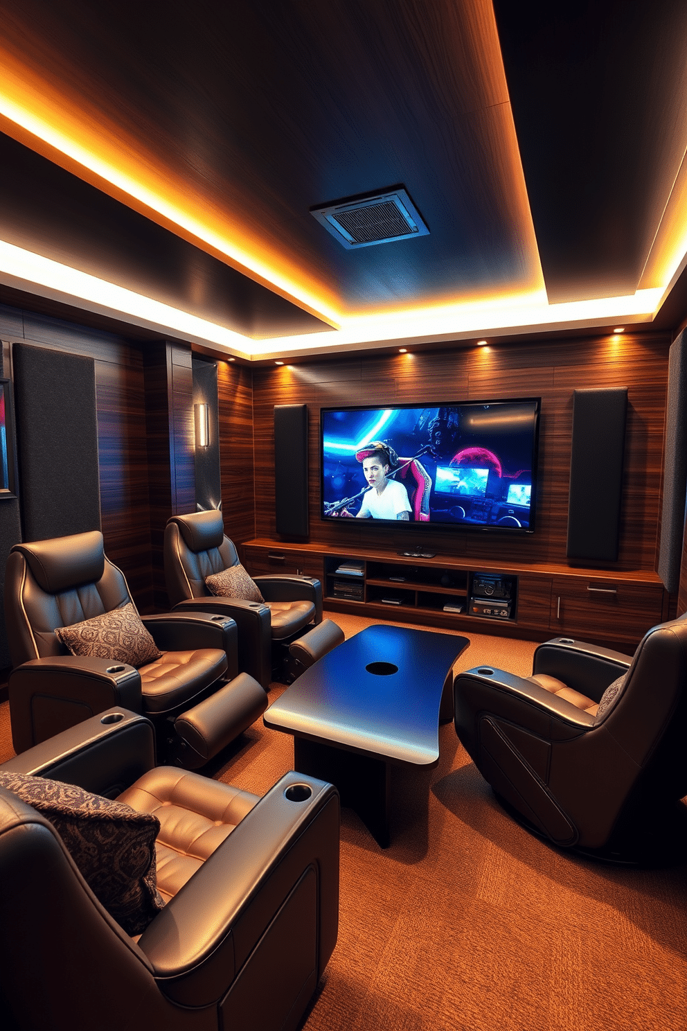 A stylish man cave designed for relaxation and entertainment. The room features comfortable gaming chairs with plush cushions and integrated footrests, positioned around a sleek, modern coffee table. The walls are adorned with dark wood paneling, creating a warm and inviting atmosphere. A large flat-screen TV is mounted on one wall, surrounded by ambient lighting and soundproofing panels for an immersive gaming experience.