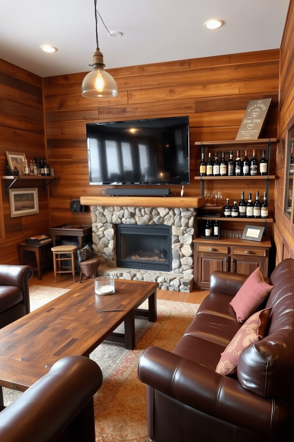 A cozy man cave featuring rustic wood paneling that envelops the walls, creating a warm and inviting atmosphere. The space is adorned with vintage decor, including a reclaimed wood coffee table and leather seating that adds character and comfort. In one corner, a well-stocked bar with wooden shelves showcases an array of spirits and glassware, complemented by industrial-style pendant lights overhead. A large flat-screen TV is mounted above a stone fireplace, providing the perfect focal point for relaxation and entertainment.