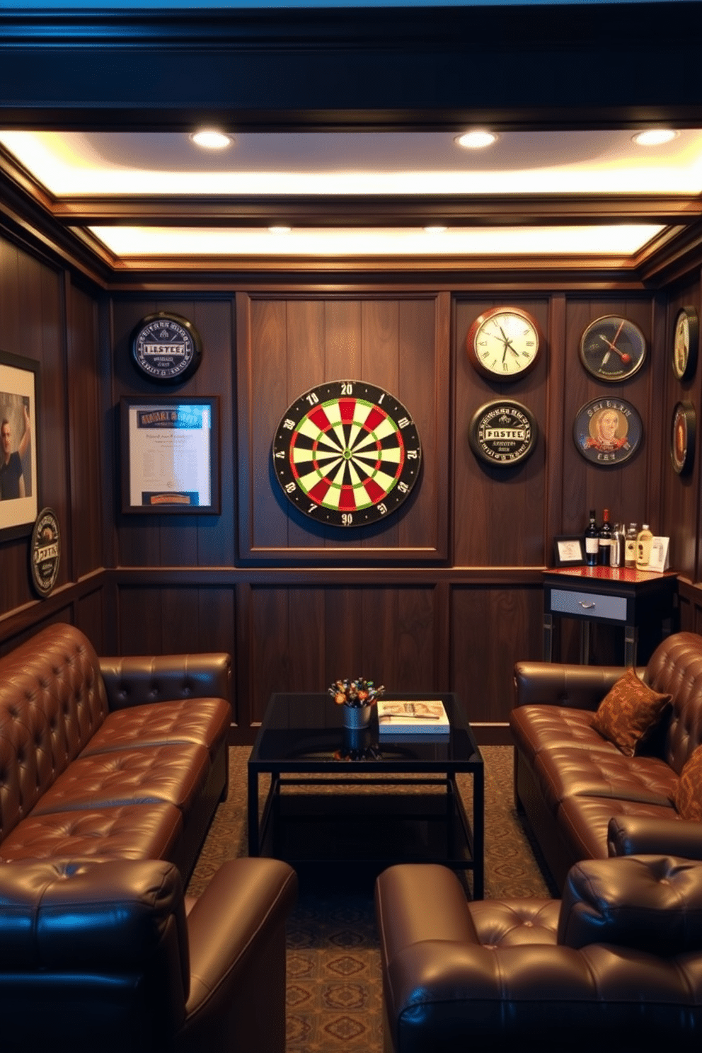 A stylish man cave featuring a wall-mounted dartboard, surrounded by dark wood paneling that enhances the cozy atmosphere. Plush leather seating is arranged around a sleek coffee table, with ambient lighting creating an inviting space for friends to gather and enjoy games. The dartboard is framed by vintage sports memorabilia, adding character and a sense of nostalgia to the room. A mini bar is positioned nearby, stocked with a selection of drinks and barware, making it the perfect spot for entertaining guests.