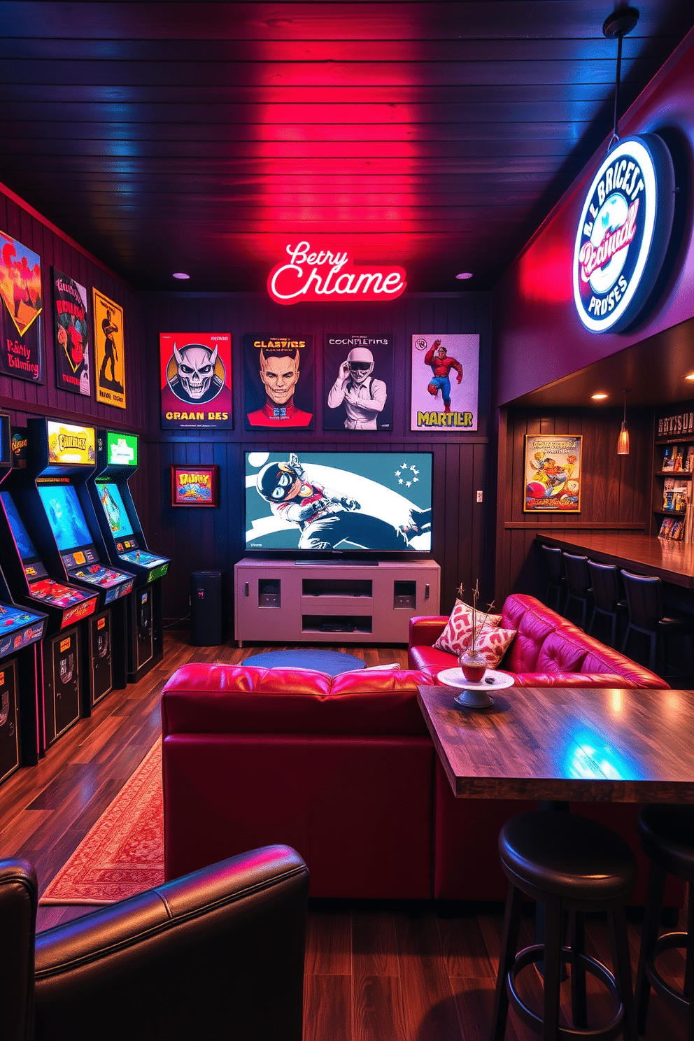 Classic Arcade Game Corner: A vibrant arcade corner featuring a collection of retro arcade machines, each with bright, colorful screens and classic game graphics. The walls are adorned with vintage posters of iconic games, and a neon sign illuminates the space, creating a nostalgic atmosphere. Cool Man Cave Design Ideas: An inviting man cave designed for relaxation, showcasing a plush leather sectional sofa centered around a large flat-screen TV. The room features dark wood paneling, a rustic bar area with high stools, and ambient lighting to enhance the cozy, laid-back vibe.