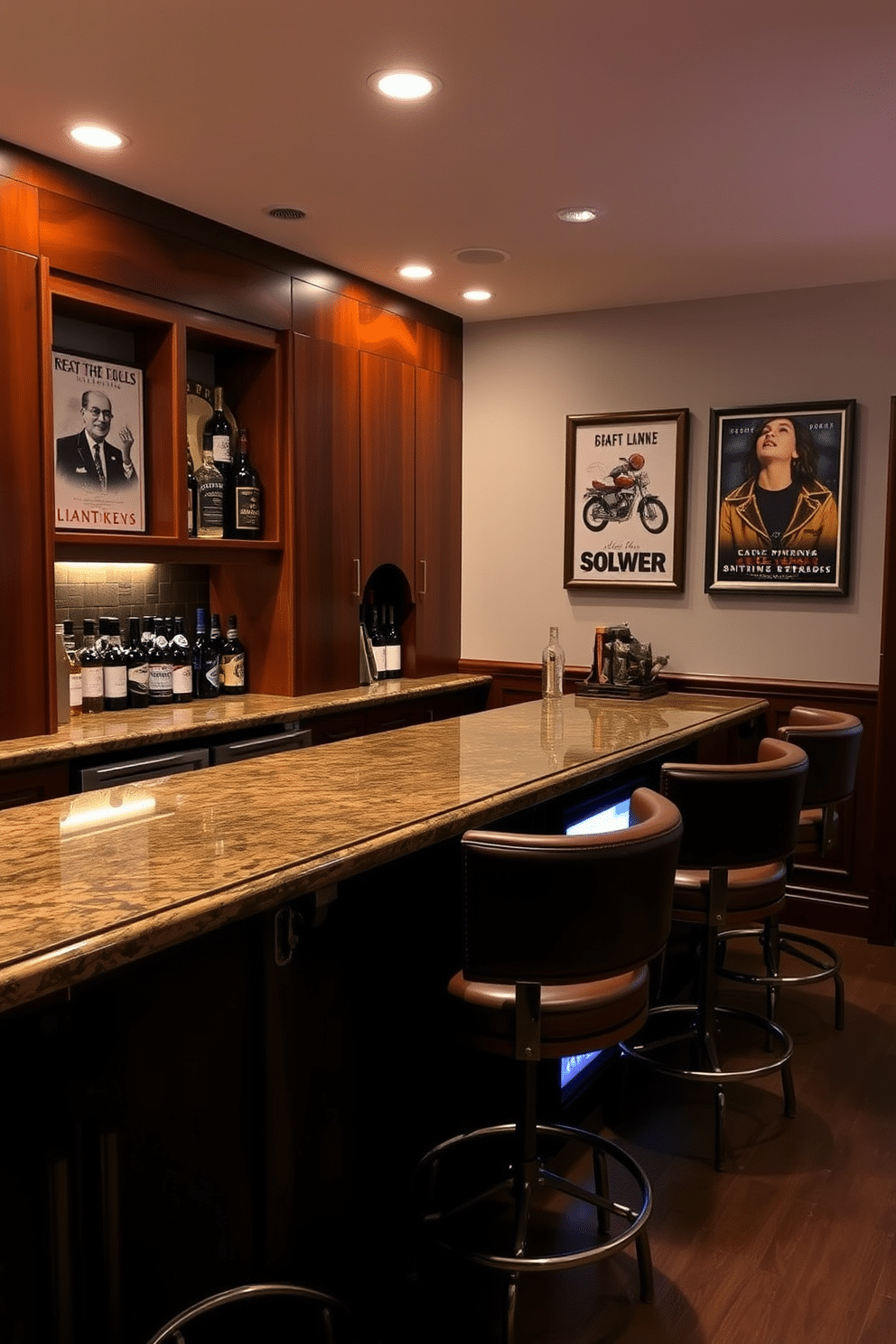 A personalized bar area featuring sleek wooden cabinetry and a polished granite countertop. Plush leather stools with brass accents surround the bar, inviting friends to gather and enjoy drinks. The walls are adorned with framed vintage posters and soft ambient lighting, creating a warm and inviting atmosphere. A stylish mini-fridge is tucked under the counter, stocked with a selection of craft beers and spirits.