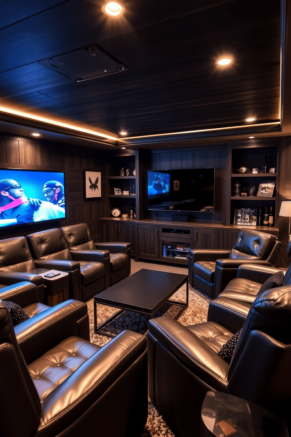 A stylish man cave featuring plush leather recliners arranged around a sleek, modern coffee table. The walls are adorned with dark wood paneling, and ambient lighting creates a cozy atmosphere perfect for relaxation. In one corner, a large flat-screen TV is mounted above a contemporary media console, with shelves displaying collectibles and memorabilia. A plush area rug anchors the seating area, while a mini bar stocked with beverages adds a touch of luxury to the space.