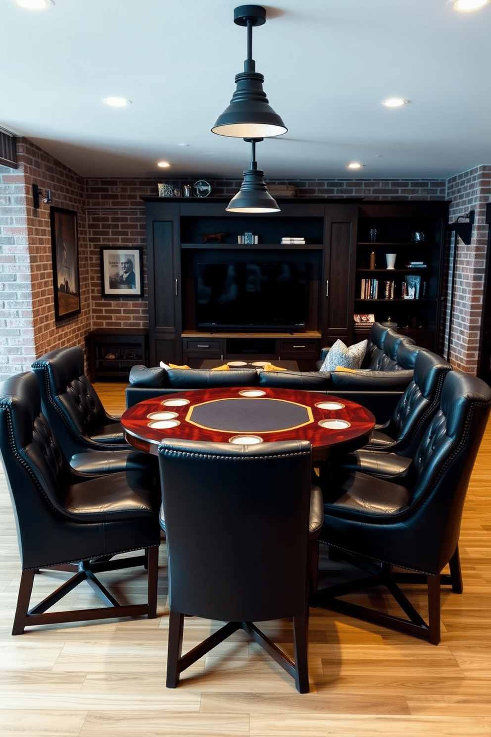 A stylish game table designed for poker nights features a rich mahogany surface with built-in cup holders and a felt playing area. Surrounding the table are plush, high-backed chairs upholstered in dark leather, creating an inviting space for friends to gather. The cool man cave design includes exposed brick walls and industrial-style lighting fixtures that enhance the rugged aesthetic. A large sectional sofa in a deep charcoal color faces a custom-built entertainment center, complete with a large flat-screen TV and shelves for games and memorabilia.