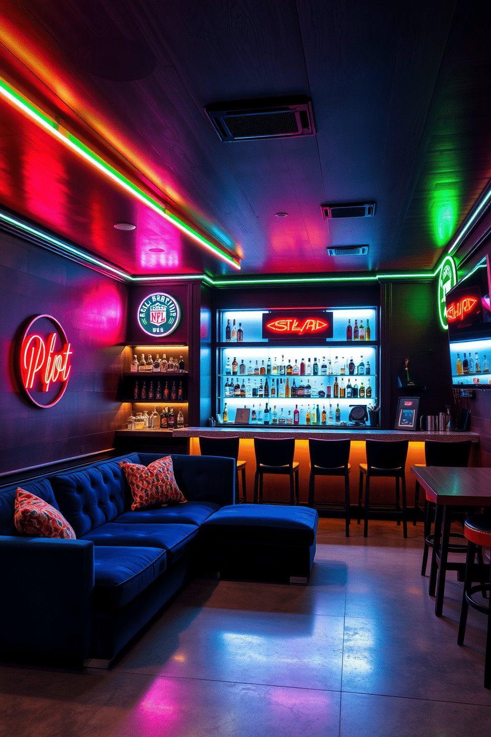 A stylish man cave featuring neon sign lighting accents that create a vibrant atmosphere. The walls are adorned with dark wood paneling, while a plush sectional sofa in deep blue provides ample seating for friends. A sleek bar area with illuminated shelves showcases an array of spirits, complemented by neon signs that highlight the bar's unique theme. The floor is a polished concrete, and a large flat-screen TV is mounted above the bar, perfect for game nights.