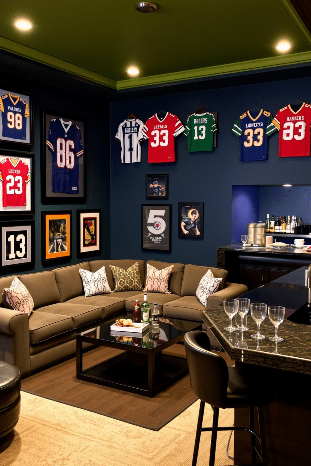 A stylish man cave featuring a sports team color scheme. The walls are painted in the team's primary color, with framed jerseys and memorabilia displayed prominently. Comfortable seating in the form of a plush sectional sofa is arranged around a large coffee table, perfect for game day gatherings. A sleek bar area stocked with drinks and snacks complements the vibrant atmosphere, enhancing the overall experience.