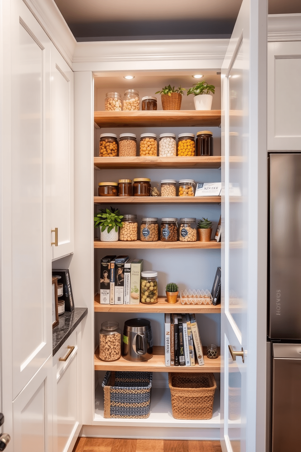 A stylish corner pantry features custom-built ladder shelves that maximize vertical storage, showcasing neatly organized jars and kitchen essentials. The shelves are crafted from reclaimed wood, providing a warm contrast to the sleek white cabinetry surrounding the pantry. The ladder shelves are adorned with decorative plants and cookbooks, adding a personal touch to the functional space. Soft, ambient lighting highlights the pantry's contents, creating an inviting atmosphere for culinary creativity.