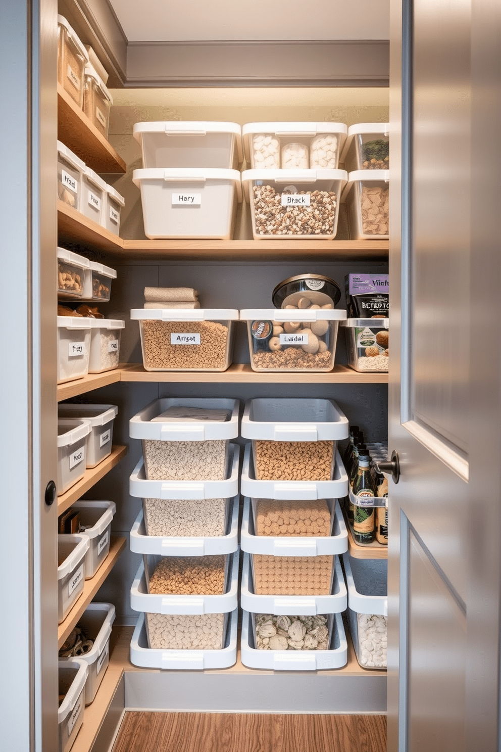 A stylish corner pantry designed for optimal organization features stacked bins neatly arranged to store various dry goods. The bins are labeled for easy access, and the pantry is illuminated by soft LED lighting, highlighting the clean lines and functional layout.