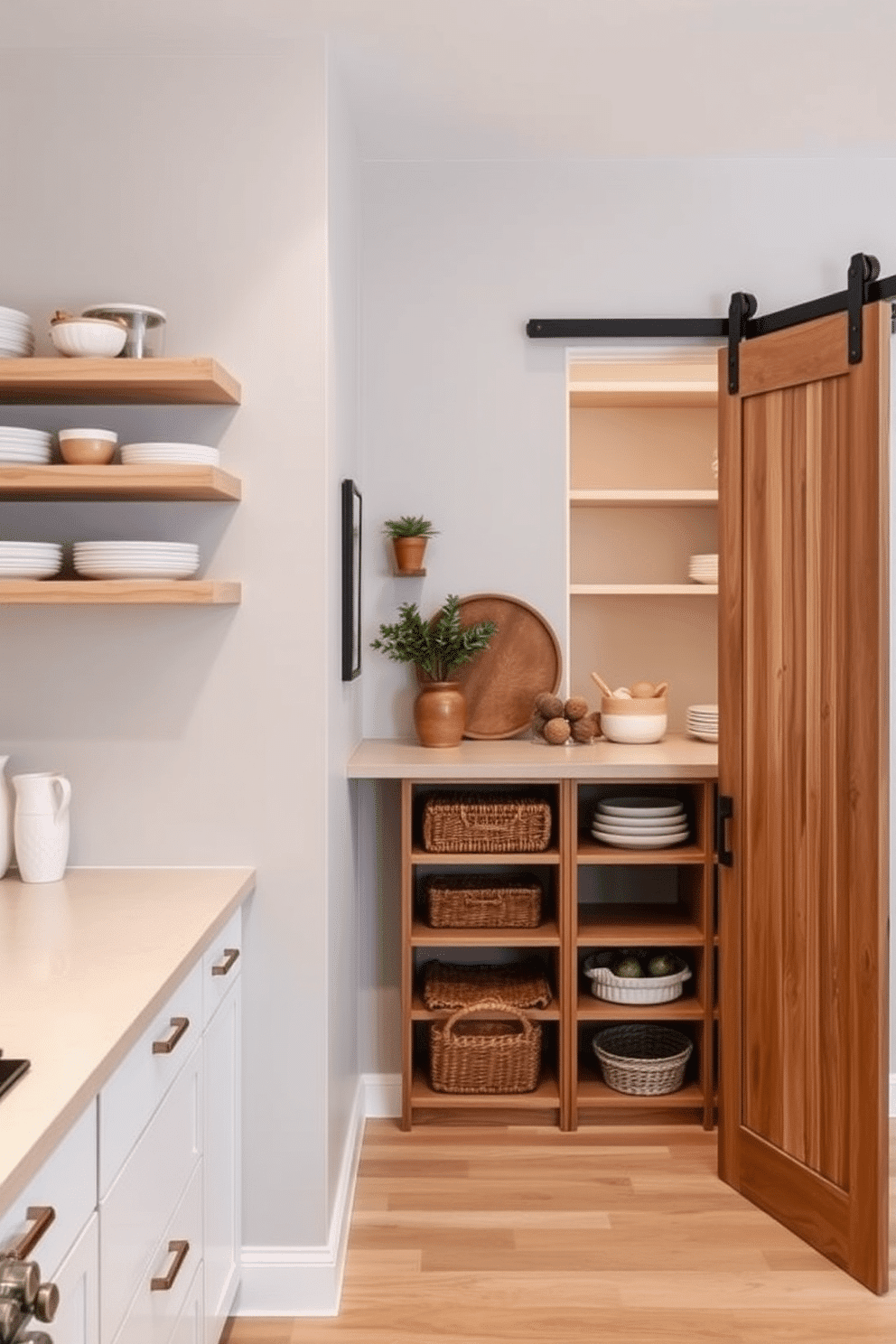 A sleek kitchen featuring floating shelves that create a minimalist look. The shelves are made of light wood, displaying a curated selection of stylish dishware and small potted plants. A cozy corner pantry designed with open shelving and ample storage. The walls are painted in a soft gray, complemented by natural wood accents and a sliding barn door for easy access.