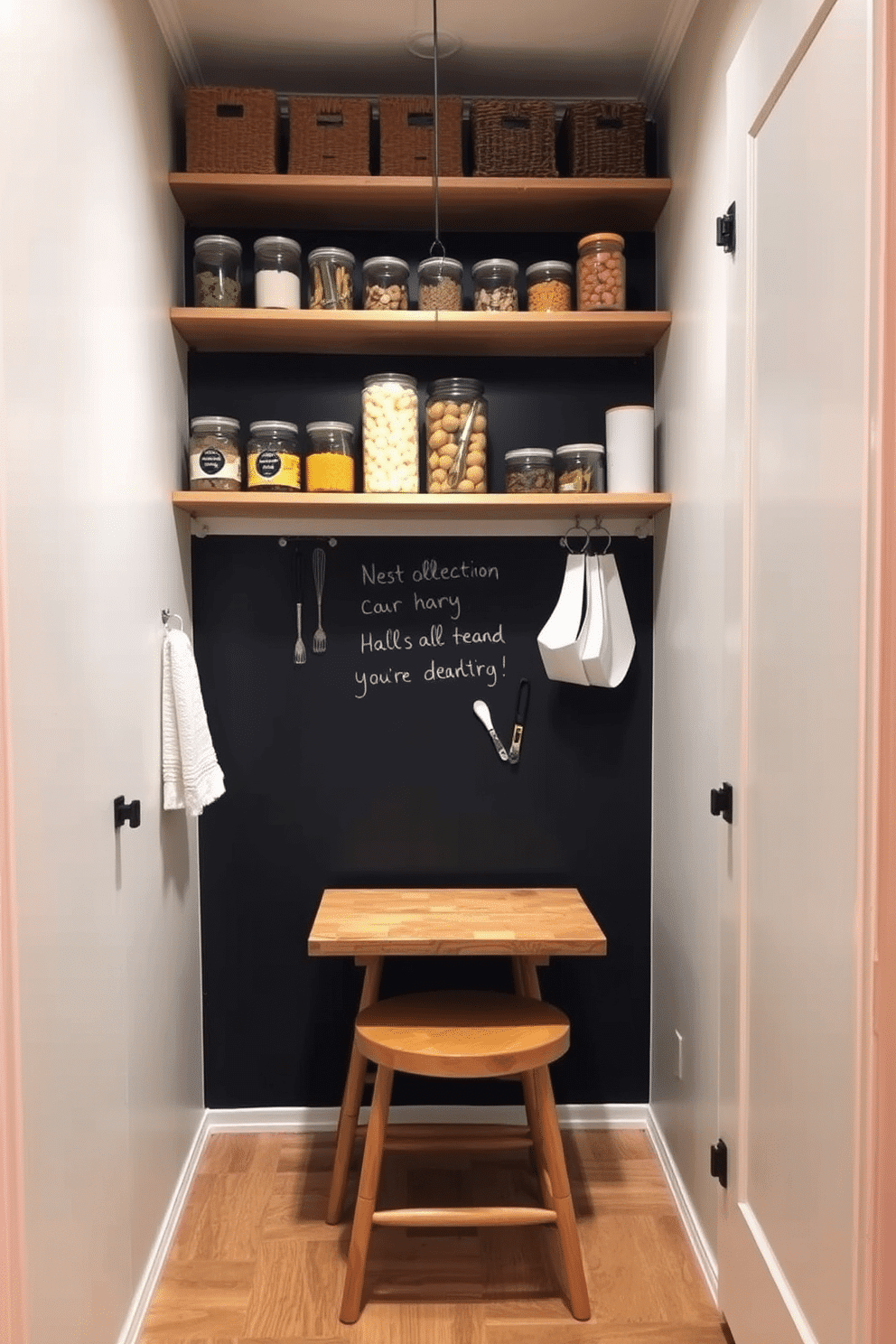 A cozy corner pantry with a chalkboard wall invites creativity and organization. The space features open wooden shelves filled with neatly arranged jars and baskets, providing easy access to ingredients and utensils. A small wooden table with stools is placed in front of the chalkboard, perfect for jotting down grocery lists or meal ideas. Soft, warm lighting illuminates the pantry, creating an inviting atmosphere for cooking and planning.