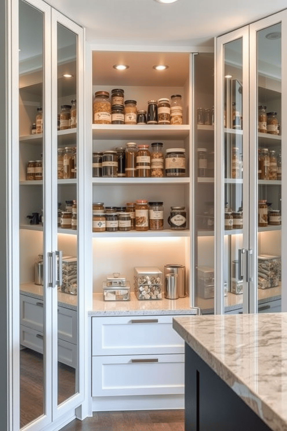 A corner pantry featuring mirrored doors creates an illusion of expanded space while adding a touch of elegance. The design includes sleek cabinetry with integrated lighting, showcasing neatly organized shelves filled with jars and gourmet ingredients. The mirrored surfaces reflect light, brightening the area and enhancing the overall aesthetic of the kitchen. A stylish countertop can be incorporated for additional workspace, making the pantry both functional and visually appealing.