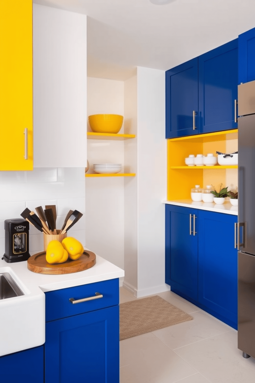 Colorful cabinetry for a bold statement. The kitchen features vibrant blue and yellow cabinets, creating a striking contrast against a sleek white backsplash. Corner pantry design ideas. This pantry utilizes a combination of open shelving and closed cabinetry, maximizing storage while maintaining an organized and stylish appearance.