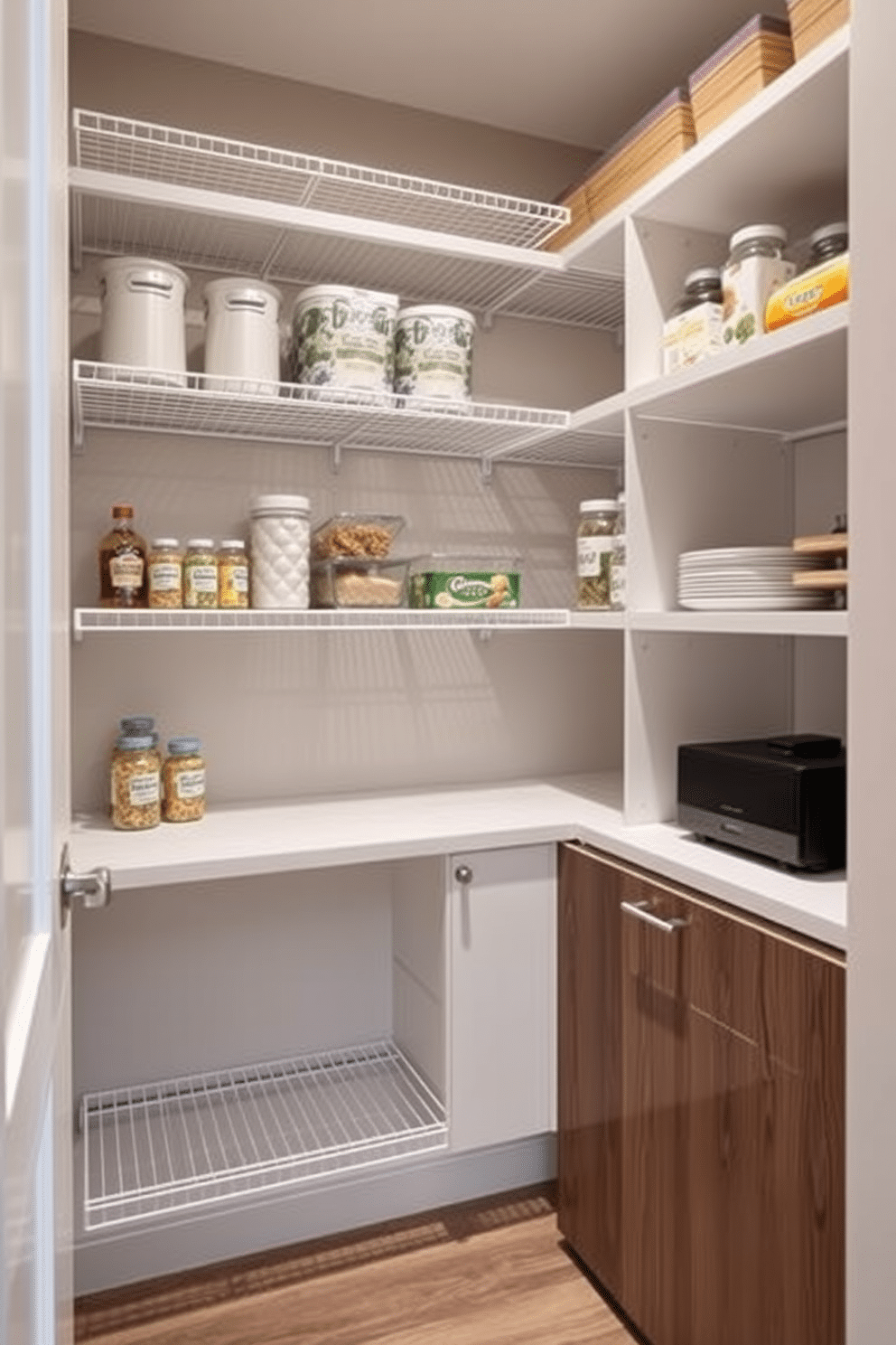 A modern corner pantry featuring sleek wire racks that provide easy visibility and access to all stored items. The pantry is designed with a combination of open shelving and closed cabinets, creating a functional yet stylish space.