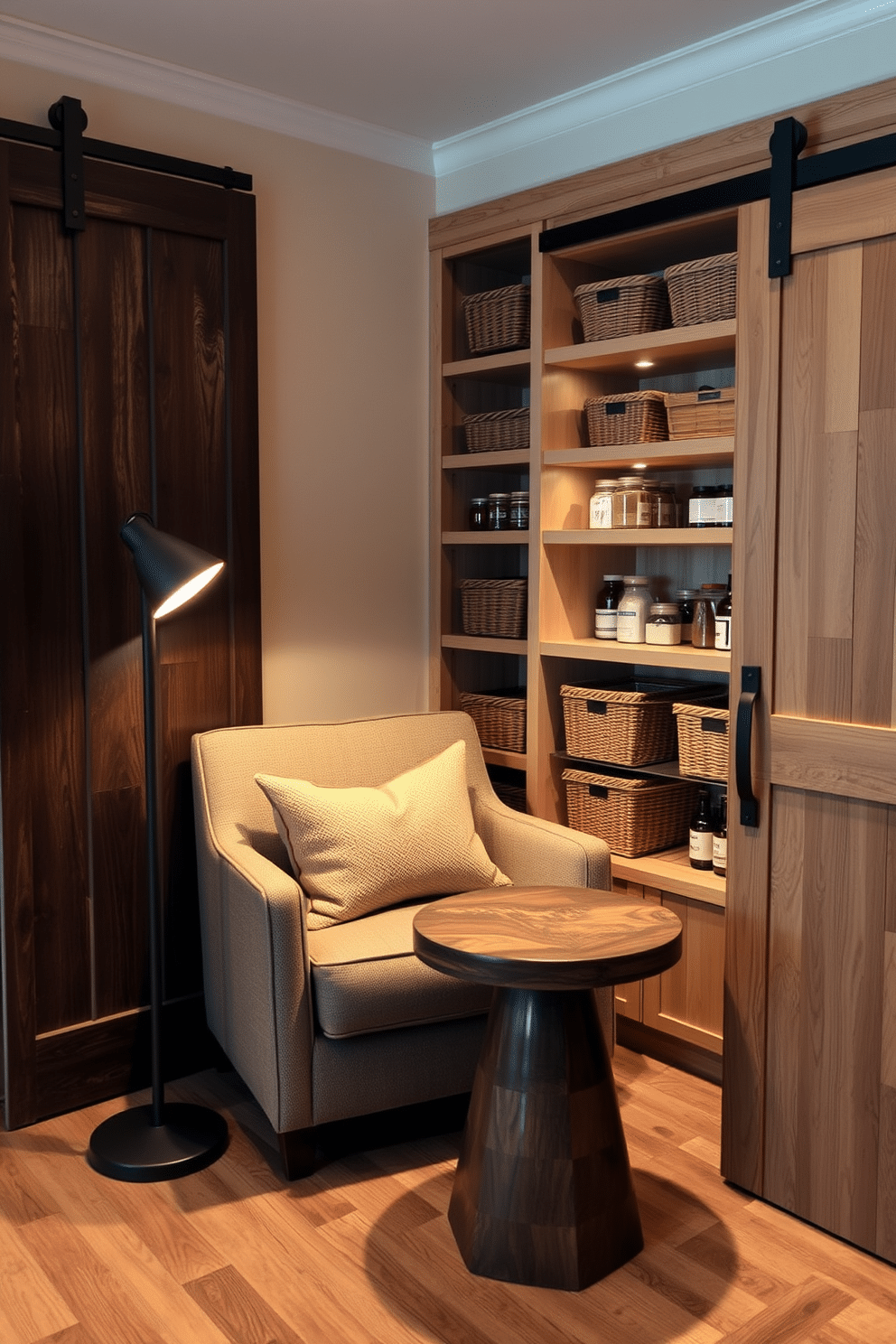 A corner nook with a cozy seating area features a plush, oversized armchair upholstered in soft, textured fabric, paired with a small round table made of reclaimed wood. Soft, ambient lighting from a nearby floor lamp creates a warm atmosphere, while decorative pillows in warm hues add comfort and style. The corner pantry design includes custom-built shelves made of light oak, showcasing neatly organized jars and baskets for easy access. A sliding barn door adds rustic charm, and under-cabinet lighting highlights the pantry's contents, making it both functional and visually appealing.