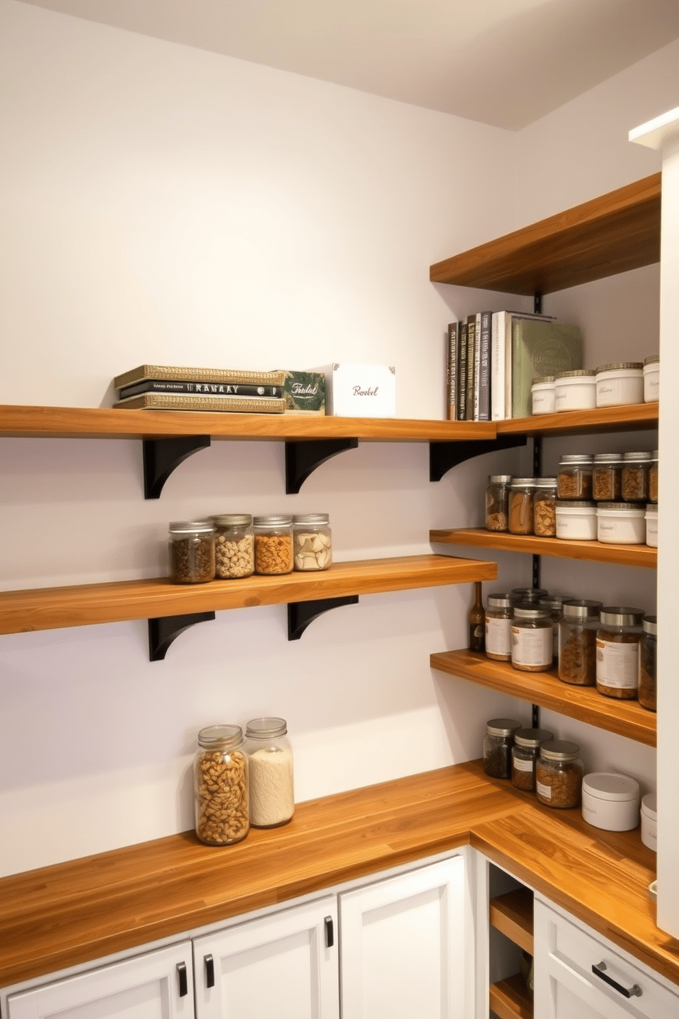 Adjustable shelving for versatile storage. The shelves are crafted from reclaimed wood, providing a rustic yet modern aesthetic. Each shelf can be easily repositioned to accommodate various items, from books to decorative boxes. The surrounding walls are painted in a soft white, enhancing the natural warmth of the wood. Corner pantry design ideas. The pantry features a combination of open shelving and closed cabinets, maximizing the use of space. Bright LED lighting illuminates the area, highlighting the organized jars and containers neatly arranged on the shelves.