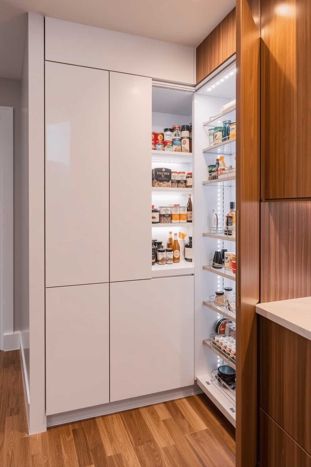 A hidden pantry seamlessly integrated behind a false wall, featuring sleek cabinetry that matches the surrounding decor. Inside, organized shelves hold an array of spices, canned goods, and dry ingredients, illuminated by soft LED lighting. The corner pantry design showcases a clever use of space, with a rotating shelving system for easy access to all items. Warm wood tones and a stylish door create an inviting yet functional storage solution that enhances the kitchen's overall aesthetic.