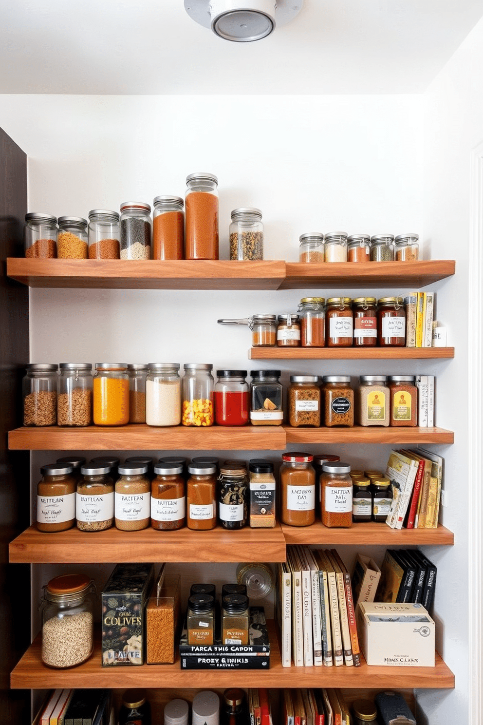 A collection of glass jars elegantly arranged on a minimalist wooden shelf. Each jar contains colorful ingredients, adding a vibrant touch to the space, while a soft overhead light enhances the chic display. A cozy corner pantry featuring open shelving made of reclaimed wood. The shelves are filled with neatly organized jars, spices, and cookbooks, creating an inviting and functional storage solution.