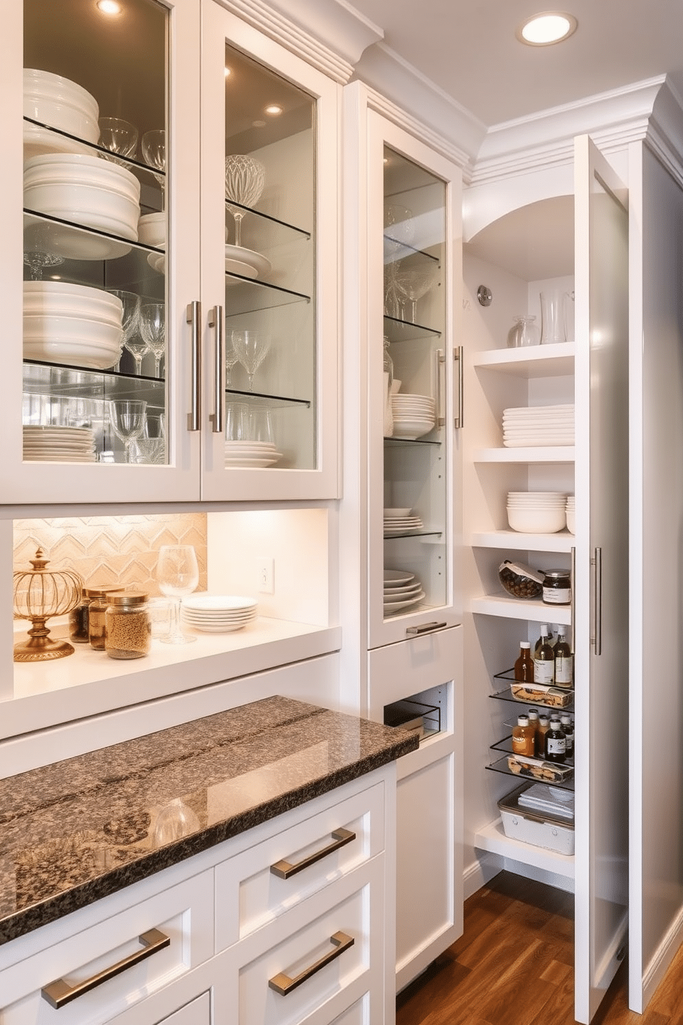 A modern kitchen featuring glass-front cabinets that showcase an array of elegant dishware and glassware. The cabinets are complemented by sleek stainless steel hardware and a soft ambient light that highlights the contents within. Adjacent to the main kitchen area, a corner pantry designed for optimal storage efficiency. This pantry includes pull-out shelves and organized compartments, making it easy to access ingredients while maintaining a tidy appearance.