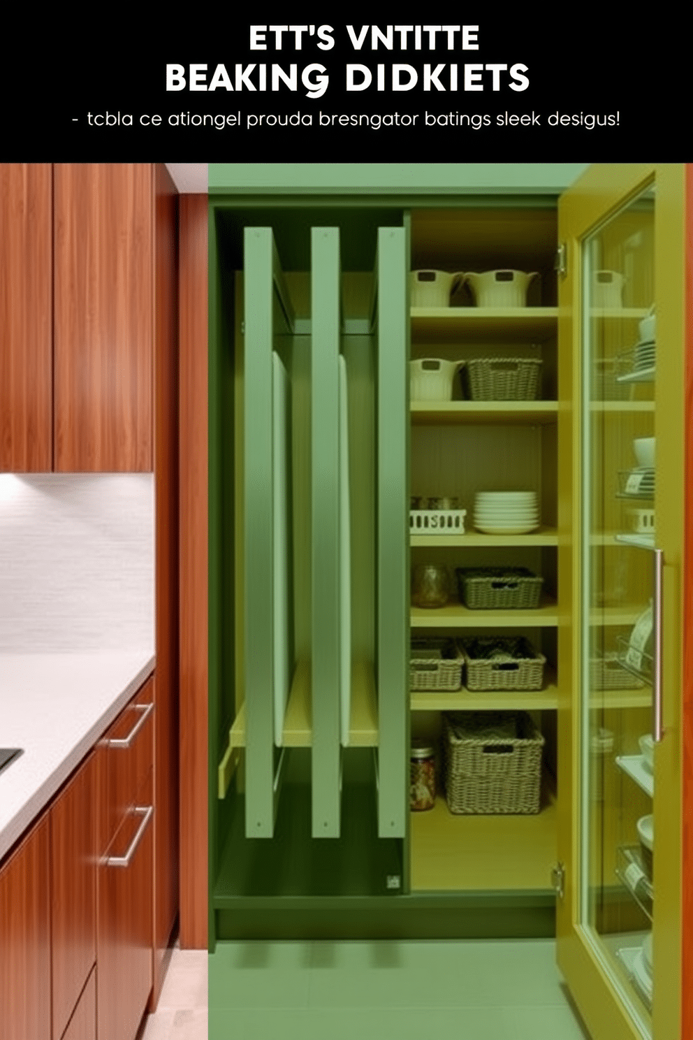 A sleek kitchen design featuring vertical dividers specifically for organizing baking sheets. The dividers are made of brushed stainless steel and are integrated into a custom cabinetry setup, ensuring easy access and a tidy appearance. An inviting corner pantry with open shelving and glass-front cabinets. The design includes a warm wood finish, ample lighting, and decorative baskets for storing dry goods, creating a functional yet stylish storage solution.