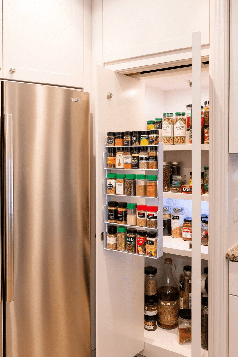 A magnetic spice rack is mounted on the inside of the pantry door, showcasing an array of colorful spice jars for easy access. The door features a sleek, modern design, seamlessly integrating storage into the kitchen's overall aesthetic. The corner pantry is designed with open shelving, allowing for both visibility and accessibility of ingredients. Soft LED lighting illuminates the space, highlighting the organized jars and creating a warm, inviting atmosphere.