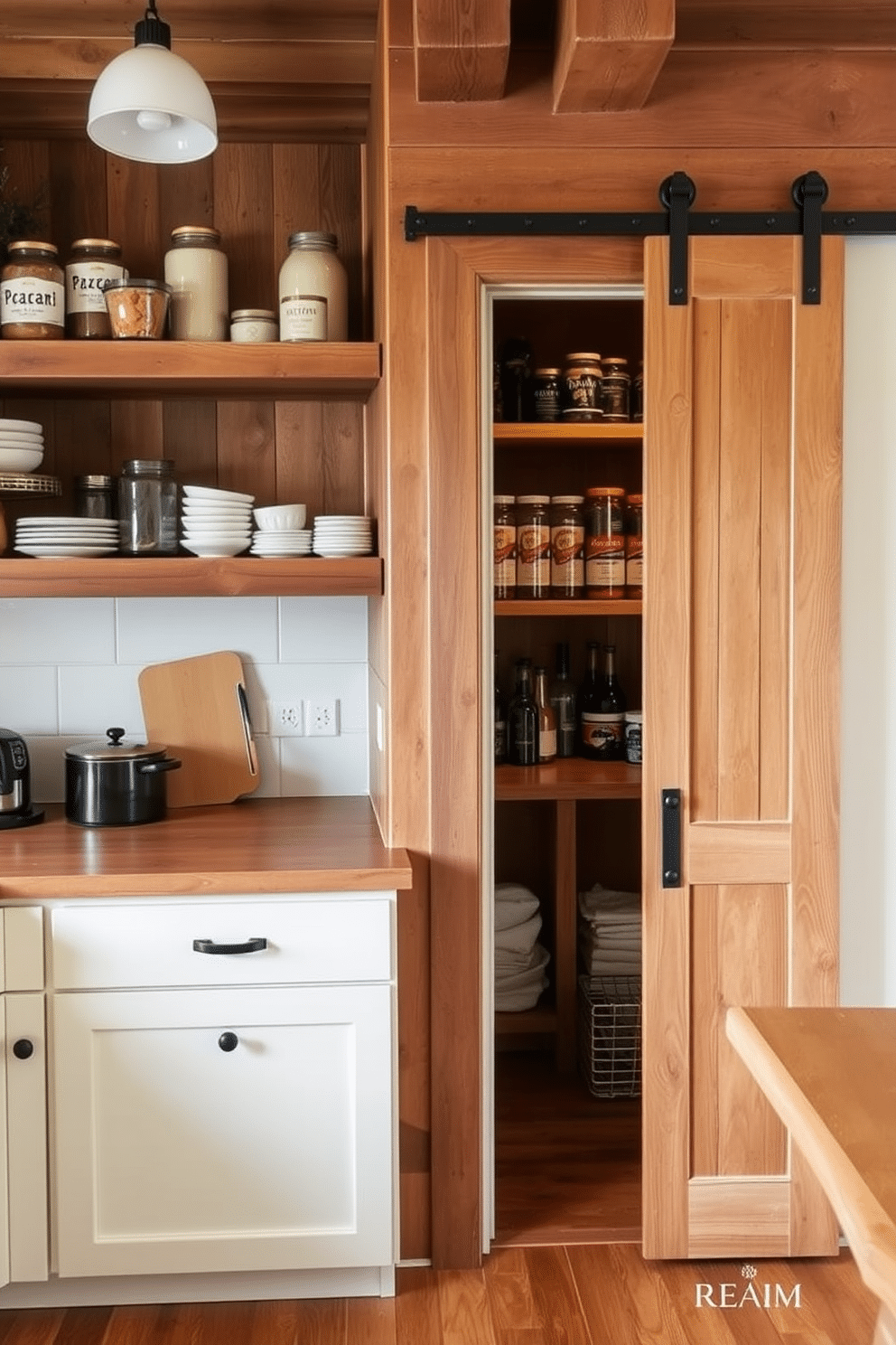 A cozy kitchen featuring rustic wood accents that add warmth and charm. The space includes open shelving made of reclaimed wood, showcasing a collection of artisanal jars and dishes. Incorporate a corner pantry with sliding barn doors, seamlessly blending functionality and style. Inside, wooden shelves are stocked with neatly organized dry goods, while a small countertop area provides space for meal prep.