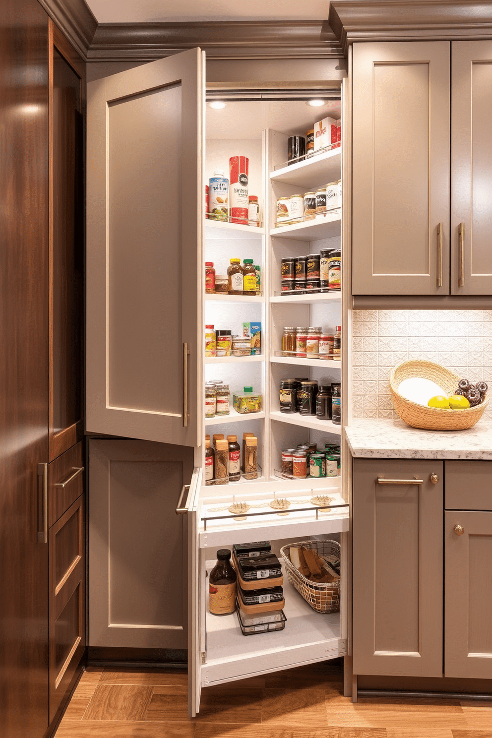 A pull-out pantry with a sleek countertop extension features custom cabinetry that blends seamlessly with the kitchen decor. The pantry door opens to reveal organized shelves filled with spices, canned goods, and dry ingredients, while the countertop extension provides additional prep space for cooking. Incorporating corner pantry design ideas, this space utilizes the corner efficiently with a rotating shelf system that maximizes storage. The interior is illuminated with soft LED lighting, highlighting the neatly arranged items and making it easy to access everything at a glance.