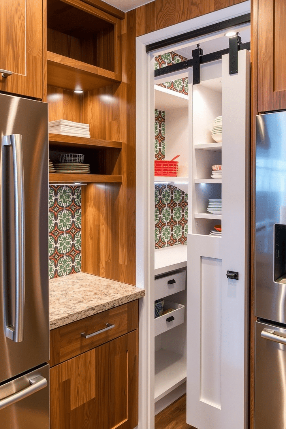 A stunning decorative tile backsplash features intricate geometric patterns in vibrant colors, creating a focal point in the kitchen. The tiles are arranged in a herringbone pattern, complemented by sleek stainless steel appliances and warm wooden cabinetry. The corner pantry design maximizes space with open shelving and pull-out drawers for easy access. Soft LED lighting highlights the organized shelves, while a sliding barn door adds a rustic touch to the overall aesthetic.