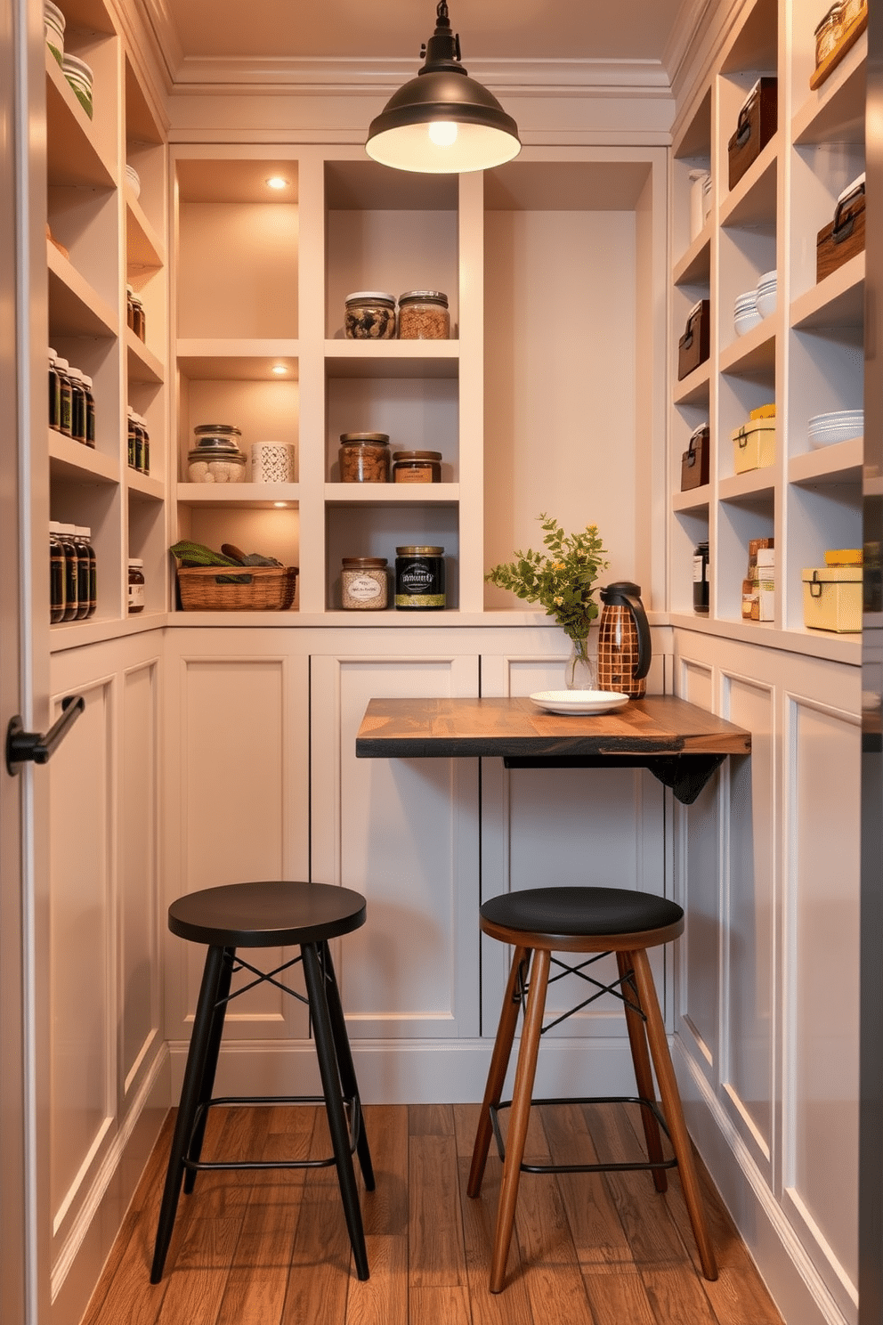 A cozy corner pantry features a fold-down table that can be easily tucked away when not in use. The walls are lined with open shelving, displaying neatly organized jars and kitchen essentials, while warm lighting creates an inviting atmosphere. The fold-down table is crafted from reclaimed wood, adding a rustic touch to the modern design. A couple of stylish stools are positioned nearby, perfect for casual meals or morning coffee.