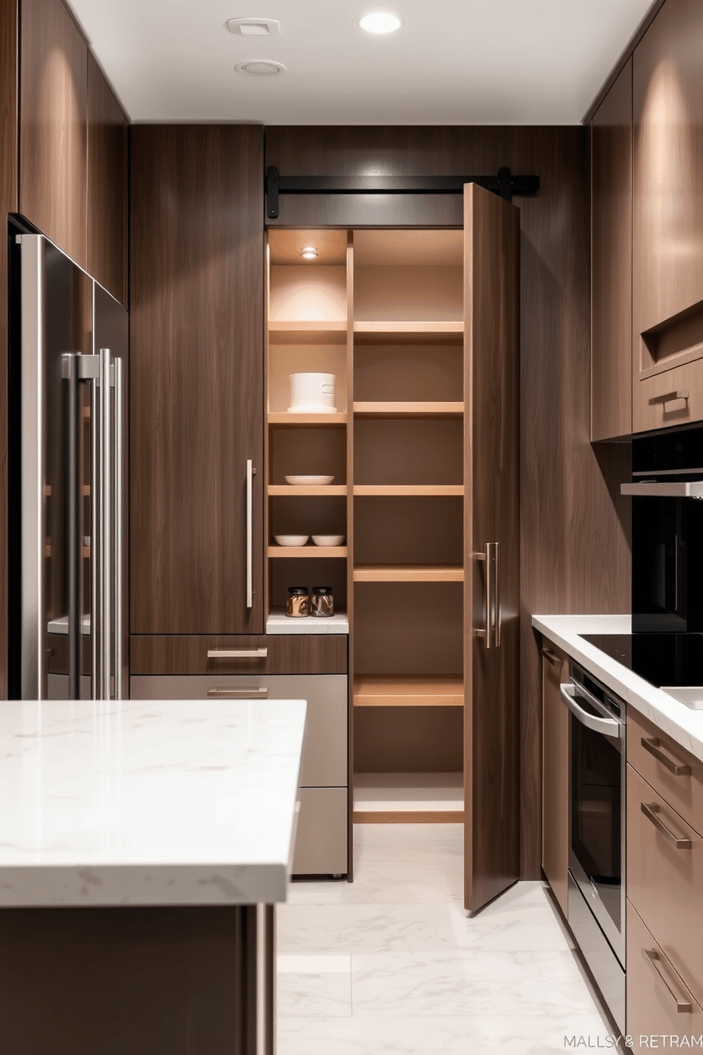 A modern kitchen featuring integrated appliances that blend effortlessly with the cabinetry, creating a sleek and cohesive look. The refrigerator, oven, and dishwasher are all built into the cabinetry, with minimal handles for a streamlined appearance. A corner pantry designed with pull-out shelves and ample storage space, maximizing the use of an often-overlooked area. The pantry door is a stylish sliding barn door that adds a rustic touch while providing easy access to the organized interior.