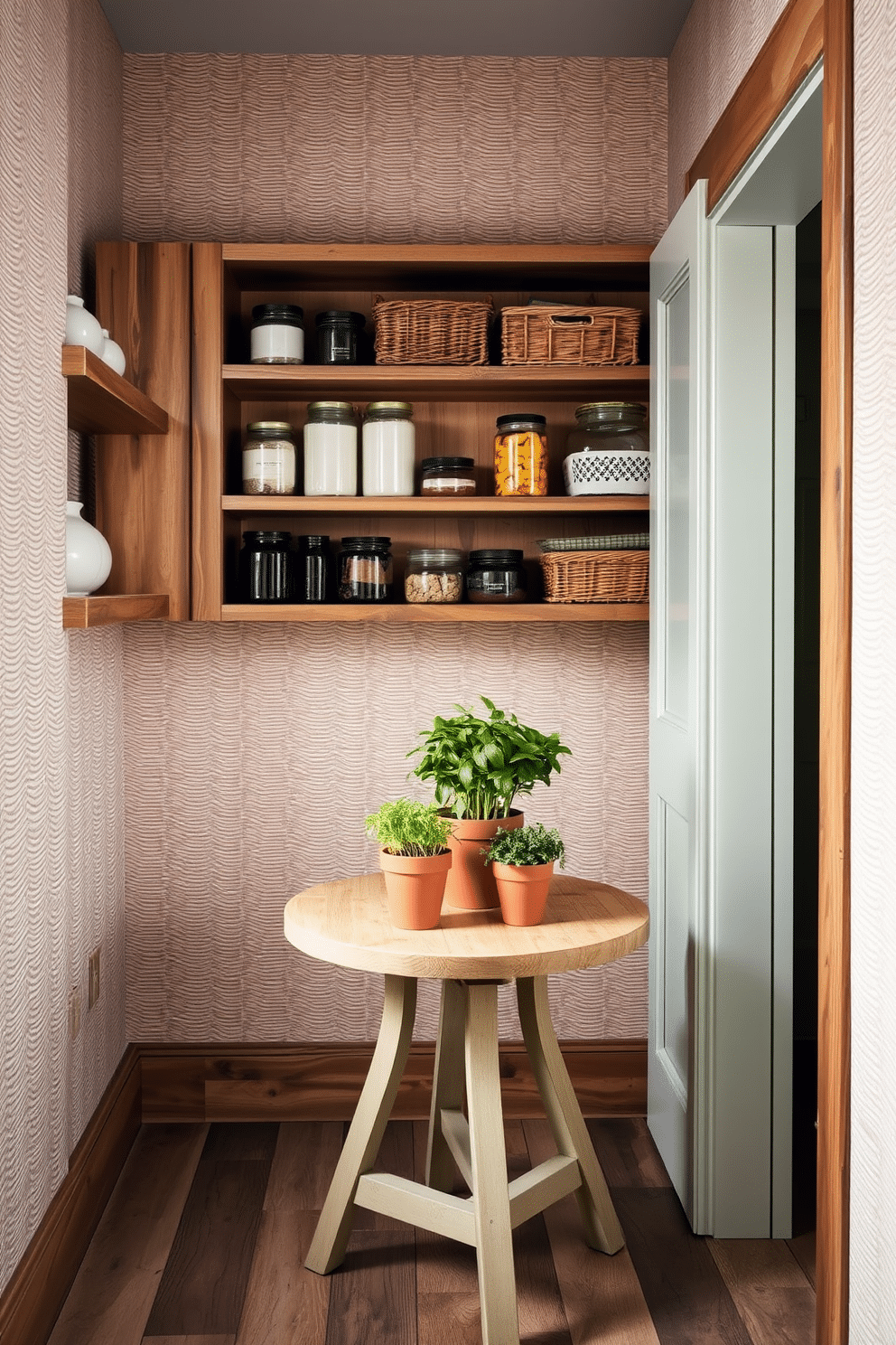 A cozy corner pantry features textured wallpaper that adds depth and interest to the space. The pantry is equipped with open shelving made of reclaimed wood, showcasing neatly organized jars and baskets for a rustic touch. The textured wallpaper is a soft, neutral hue, complementing the warm wood tones of the shelves. A small, round table in the center provides additional workspace, adorned with fresh herbs in terracotta pots for a vibrant pop of color.