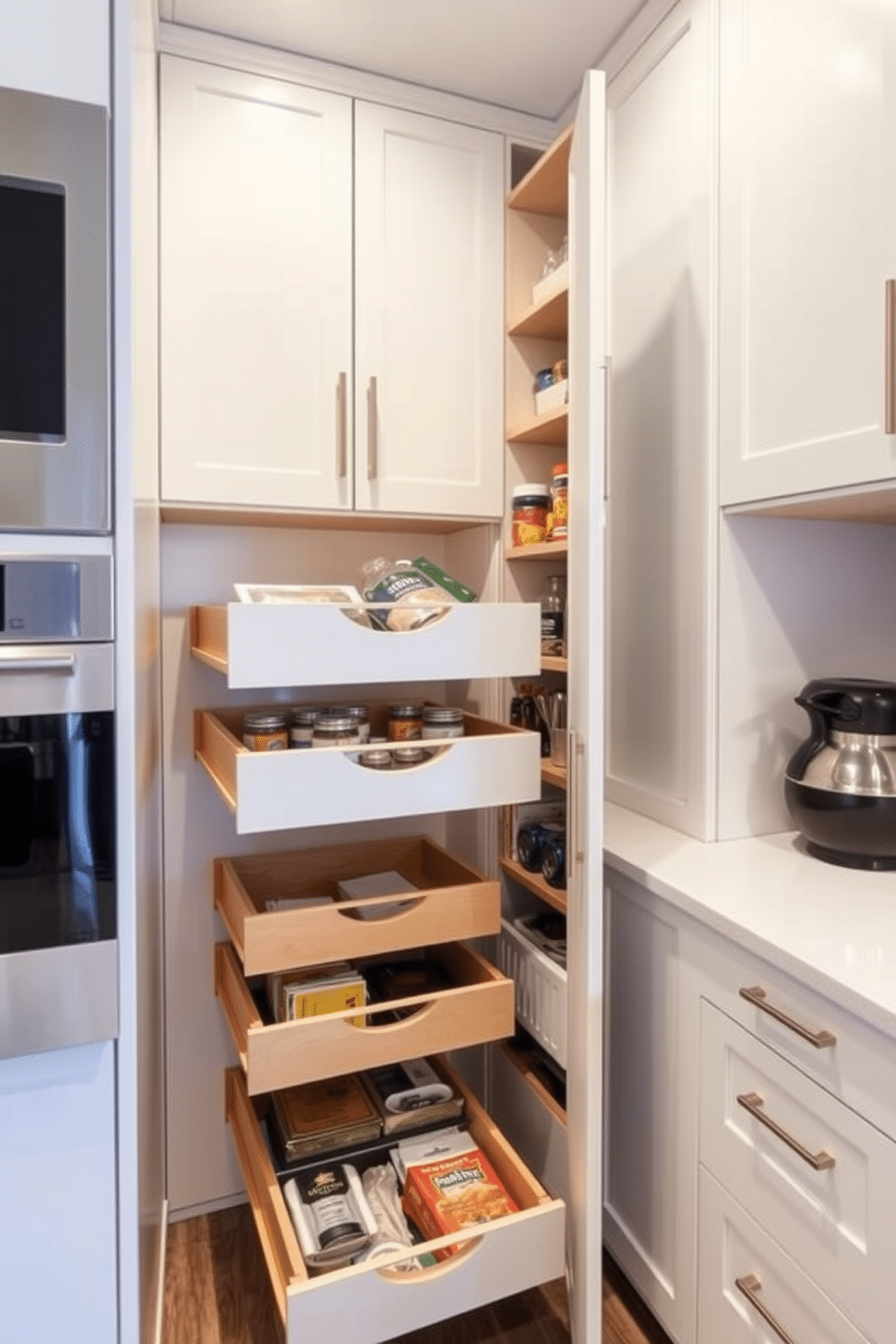 A corner pantry featuring pull-out drawers for easy access to all your kitchen essentials. The design includes sleek cabinetry with a modern finish, maximizing storage space while maintaining an organized and stylish appearance.