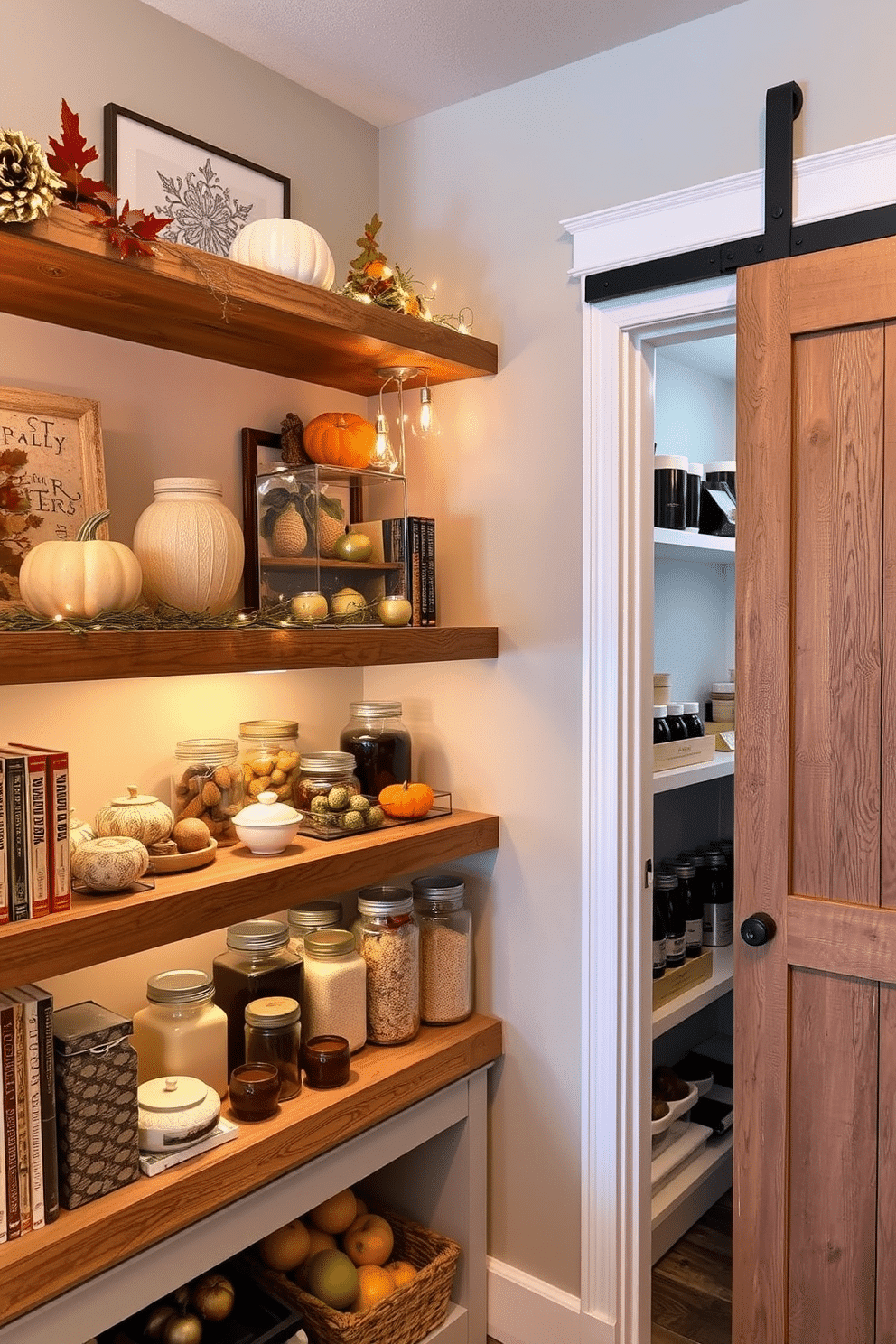 A seasonal decor display on shelves features an array of festive items, including pumpkins and autumn leaves in the fall, while twinkling lights and ornaments adorn the shelves during the winter holidays. The shelves are crafted from reclaimed wood, adding warmth and character, and are styled with a mix of decorative books and handmade ceramics. The corner pantry design boasts custom shelving that maximizes space, showcasing neatly organized jars of dry goods and fresh produce. Soft lighting illuminates the area, while a sliding barn door adds rustic charm, making the pantry both functional and visually appealing.