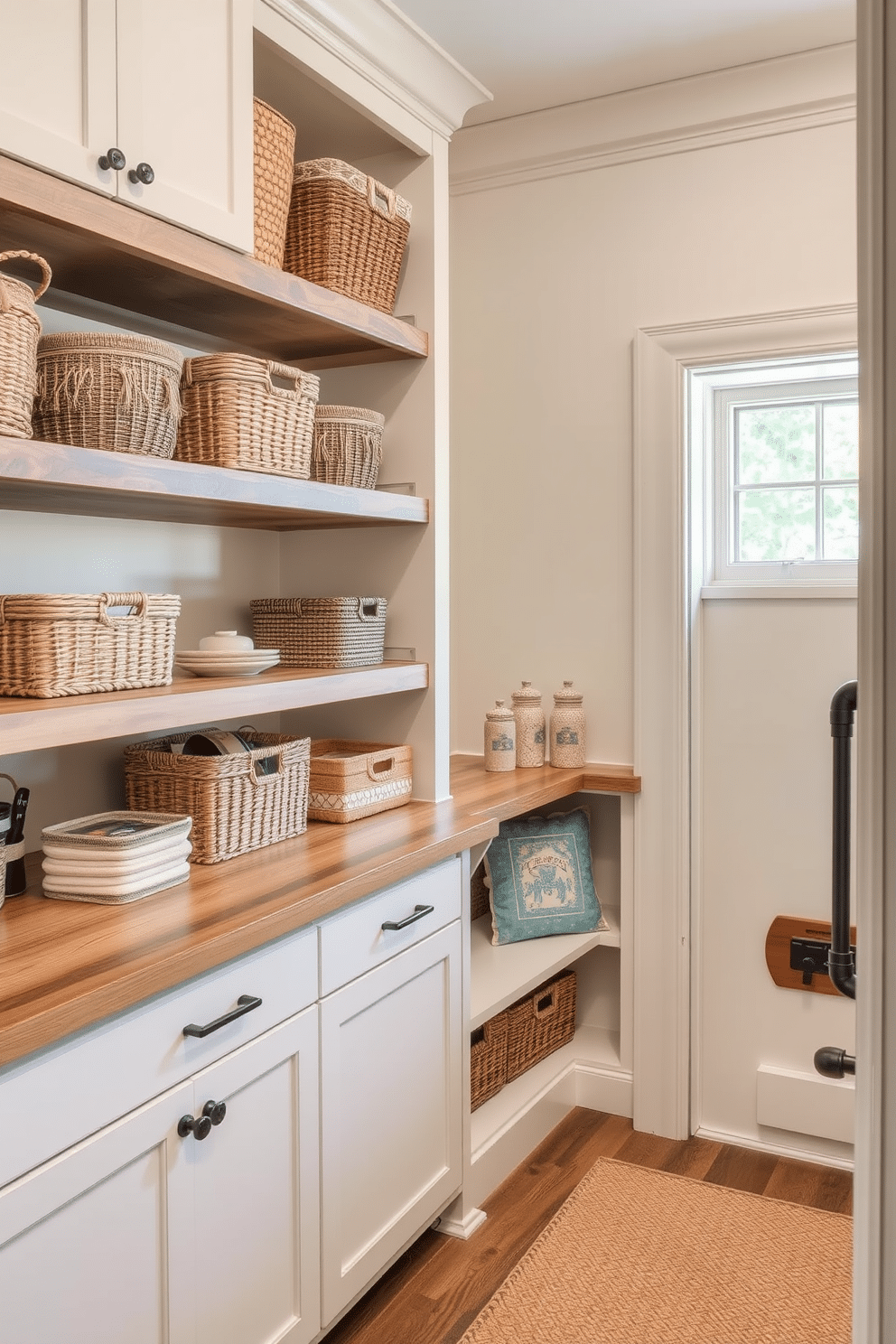 Open shelving with decorative baskets. The shelves are made of reclaimed wood and feature a mix of woven baskets in natural tones, adding texture and warmth to the space. Corner pantry design ideas. The pantry is designed with custom cabinetry, maximizing storage with pull-out shelves and a cozy reading nook with a small window, creating a functional yet inviting corner.