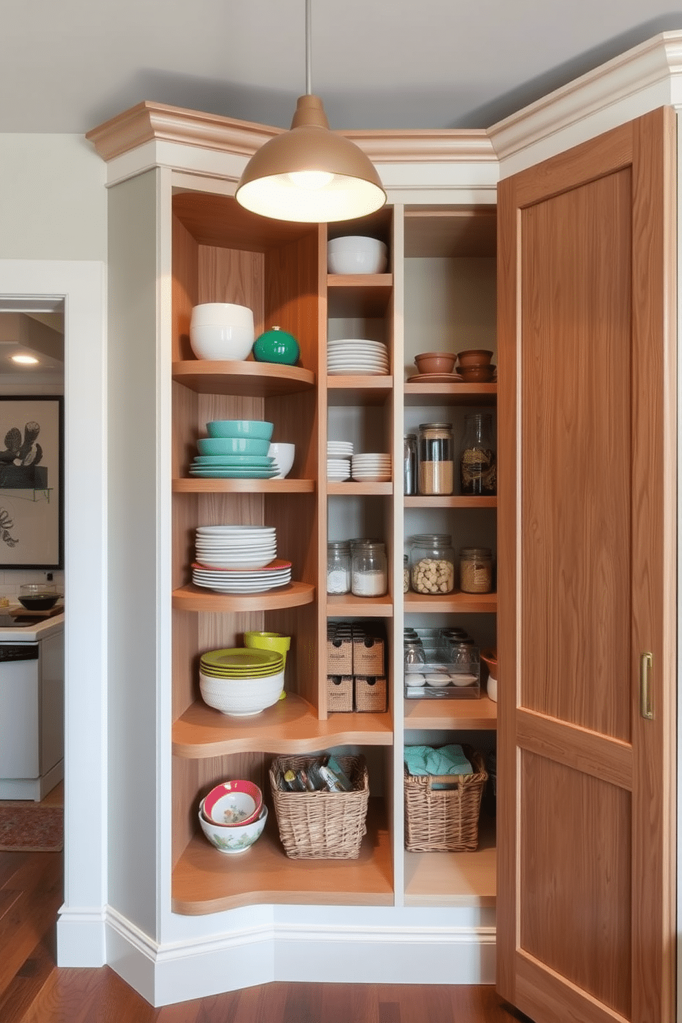 A stylish corner cabinet featuring rotating shelves made of rich oak wood, showcasing an array of colorful dishware and decorative items. The cabinet is painted in a soft cream color, blending seamlessly with the surrounding walls, while a warm pendant light illuminates the space. An inviting corner pantry designed with open shelving and sliding doors, maximizing storage while maintaining easy access to ingredients and kitchen essentials. The shelves are lined with glass jars and baskets, and the interior is painted in a cheerful pastel hue, enhancing the overall warmth of the kitchen.