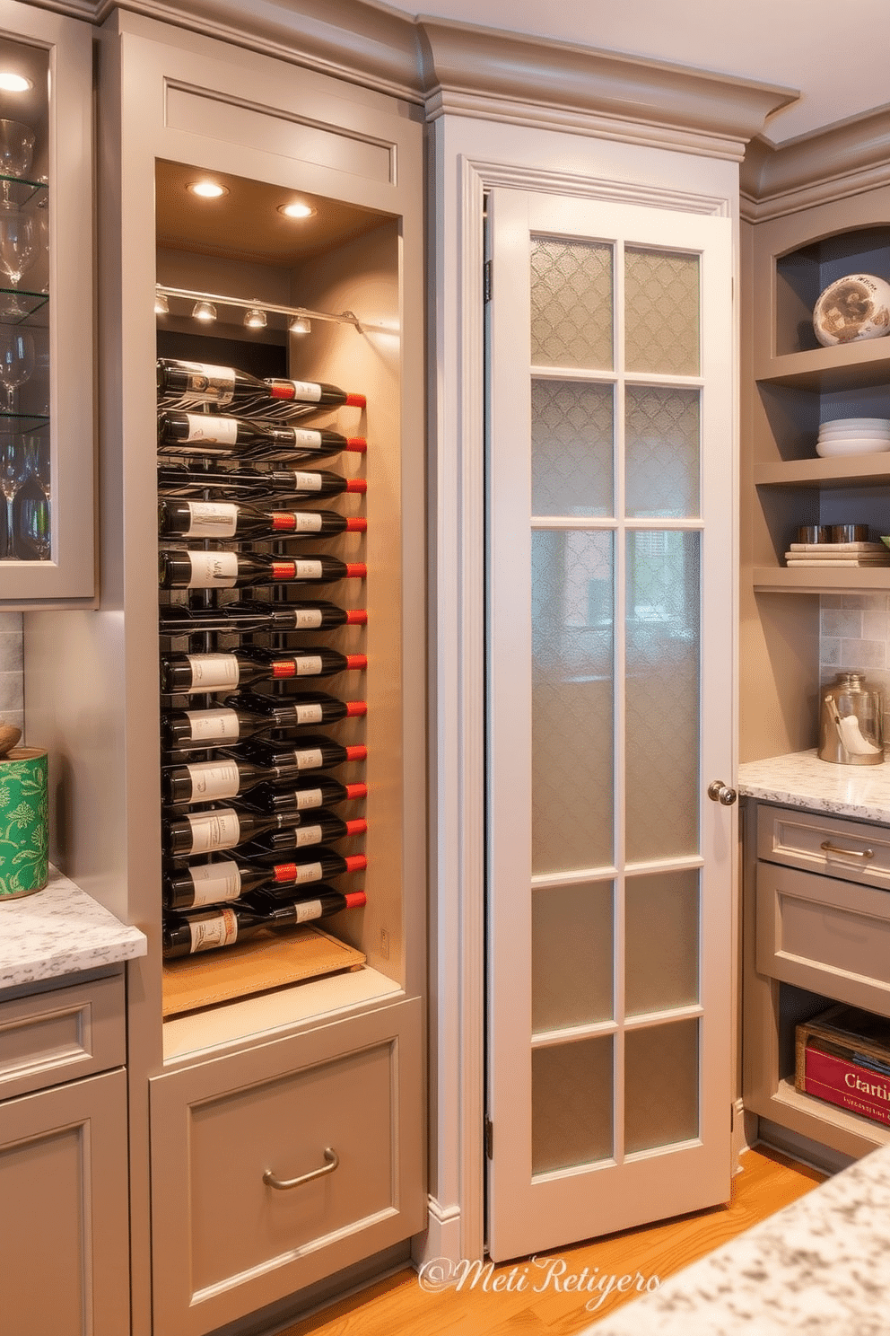 A built-in wine rack elegantly integrated into the kitchen cabinetry, showcasing an array of wine bottles in a climate-controlled environment. The surrounding shelves are adorned with glassware and decorative items, enhancing the overall aesthetic of the space. A corner pantry designed with custom shelving and pull-out drawers, maximizing storage while maintaining easy access to kitchen essentials. The pantry door features frosted glass panels, allowing a glimpse of the organized interior while adding a touch of sophistication to the kitchen design.