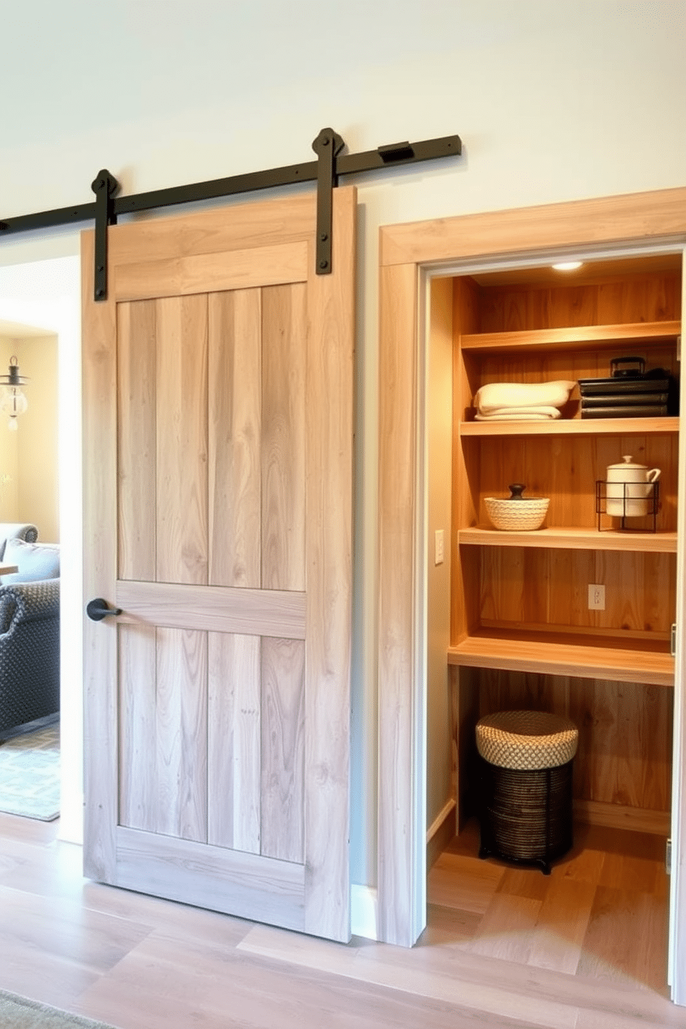 A sliding barn door made of reclaimed wood adds rustic charm to the entryway, effortlessly blending functionality with a warm, inviting aesthetic. The door features wrought iron hardware, enhancing its farmhouse appeal while providing easy access to the adjacent living space. The corner pantry design incorporates open shelving made of natural wood, allowing for easy organization and display of kitchen essentials. Soft, ambient lighting illuminates the space, creating a cozy atmosphere that encourages both functionality and style.