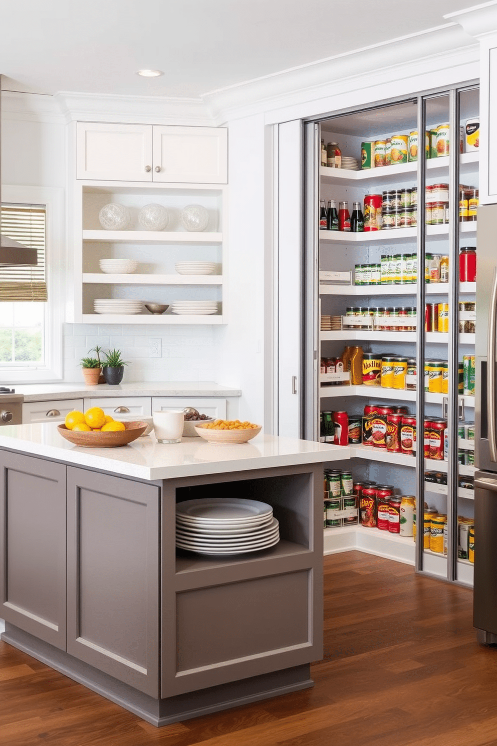 A multi-functional island with pantry space features a spacious countertop that serves as both a cooking and dining area. Below the countertop, sleek cabinetry provides ample storage for kitchen essentials, while open shelving displays decorative dishware. The corner pantry design maximizes storage efficiency with floor-to-ceiling shelves that neatly organize canned goods and dry ingredients. A sliding door offers easy access while maintaining a clean and streamlined kitchen aesthetic.