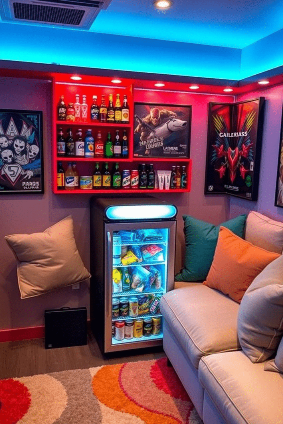 A mini fridge stocked with snacks and drinks is positioned in the corner of a vibrant game room. The fridge features a sleek design, surrounded by colorful shelves filled with an assortment of beverages and treats, creating an inviting atmosphere for relaxation and fun. The cozy game room is designed with plush seating, including a large sectional sofa adorned with soft throw pillows. The walls are decorated with framed gaming posters, while ambient lighting creates a warm glow, enhancing the overall inviting vibe of the space.