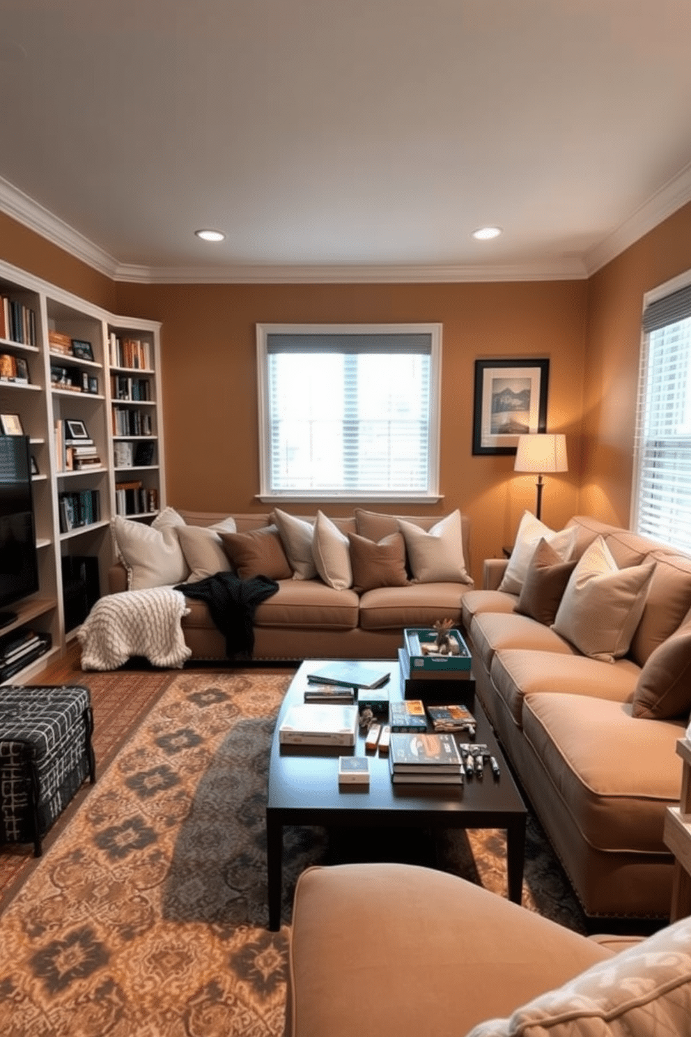 A cozy game room designed for relaxation features soft, oversized pillows scattered across a plush sectional sofa. The walls are painted a warm, inviting color, and a large area rug anchors the space, providing comfort underfoot. In one corner, a stylish coffee table holds an assortment of board games and snacks, while ambient lighting creates a welcoming atmosphere. Shelves lined with books and games add personality, making it an ideal spot for entertaining friends or enjoying a quiet evening in.