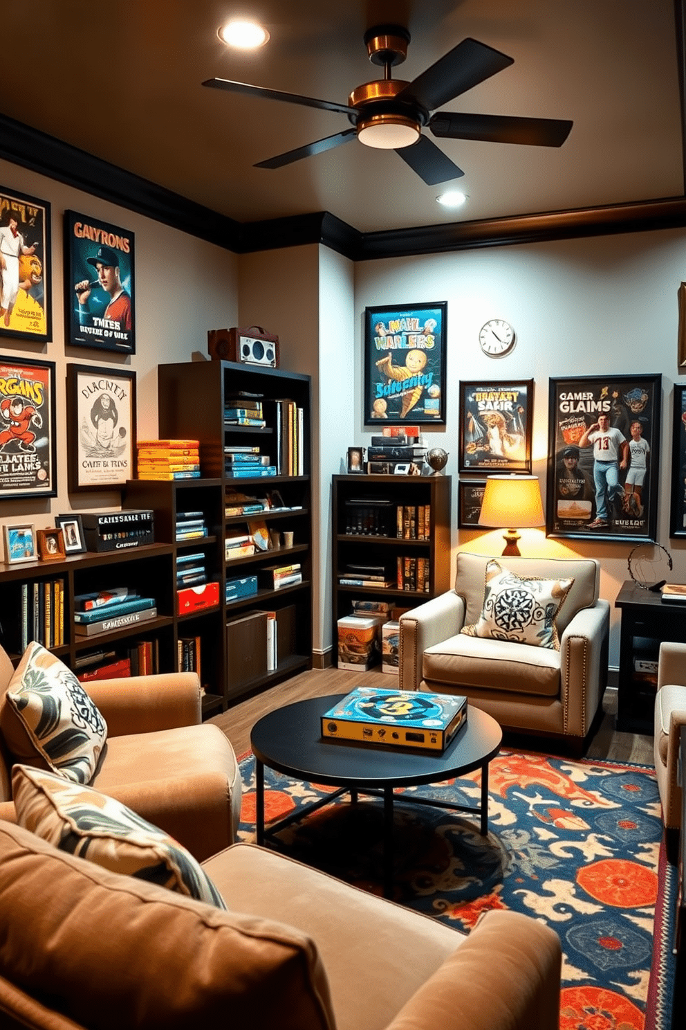 A cozy game room featuring game-themed decor accents that reflect a playful yet sophisticated atmosphere. The walls are adorned with framed vintage game posters, and plush seating arrangements invite relaxation and engagement. In one corner, a custom-built shelving unit displays an impressive collection of board games and collectibles, while a vibrant area rug adds warmth underfoot. Soft, ambient lighting creates a welcoming glow, enhancing the overall comfort of the space.