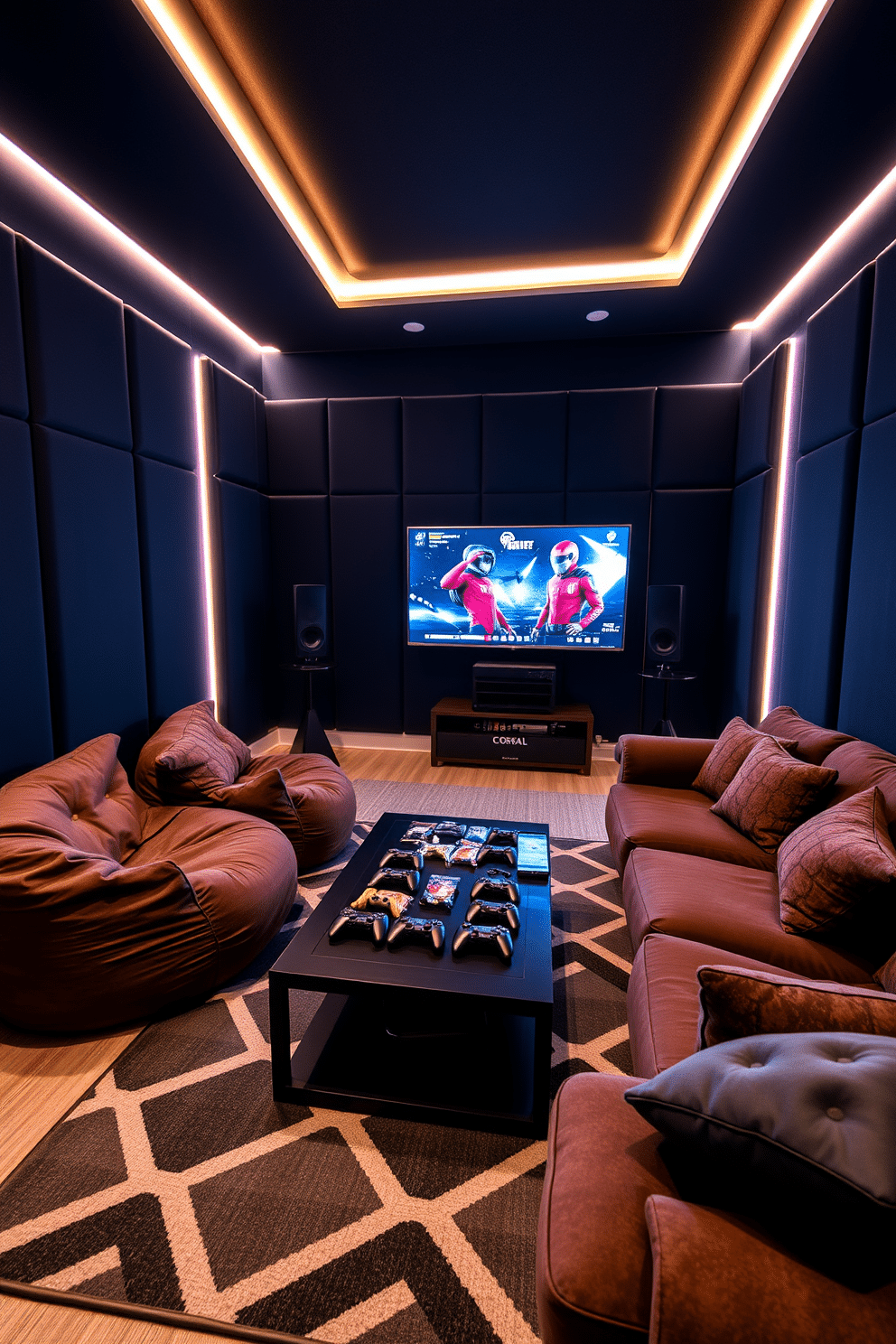 A cozy game room designed for optimal soundproofing features plush seating arrangements with oversized bean bags and a sectional sofa. The walls are adorned with acoustic panels in a rich navy hue, enhancing both the aesthetics and the sound quality for an immersive gaming experience. The room includes a large gaming screen mounted on the wall, surrounded by LED strip lighting that creates a dynamic atmosphere. A sleek coffee table holds an assortment of gaming controllers and snacks, while a rug with a geometric pattern adds warmth to the space.