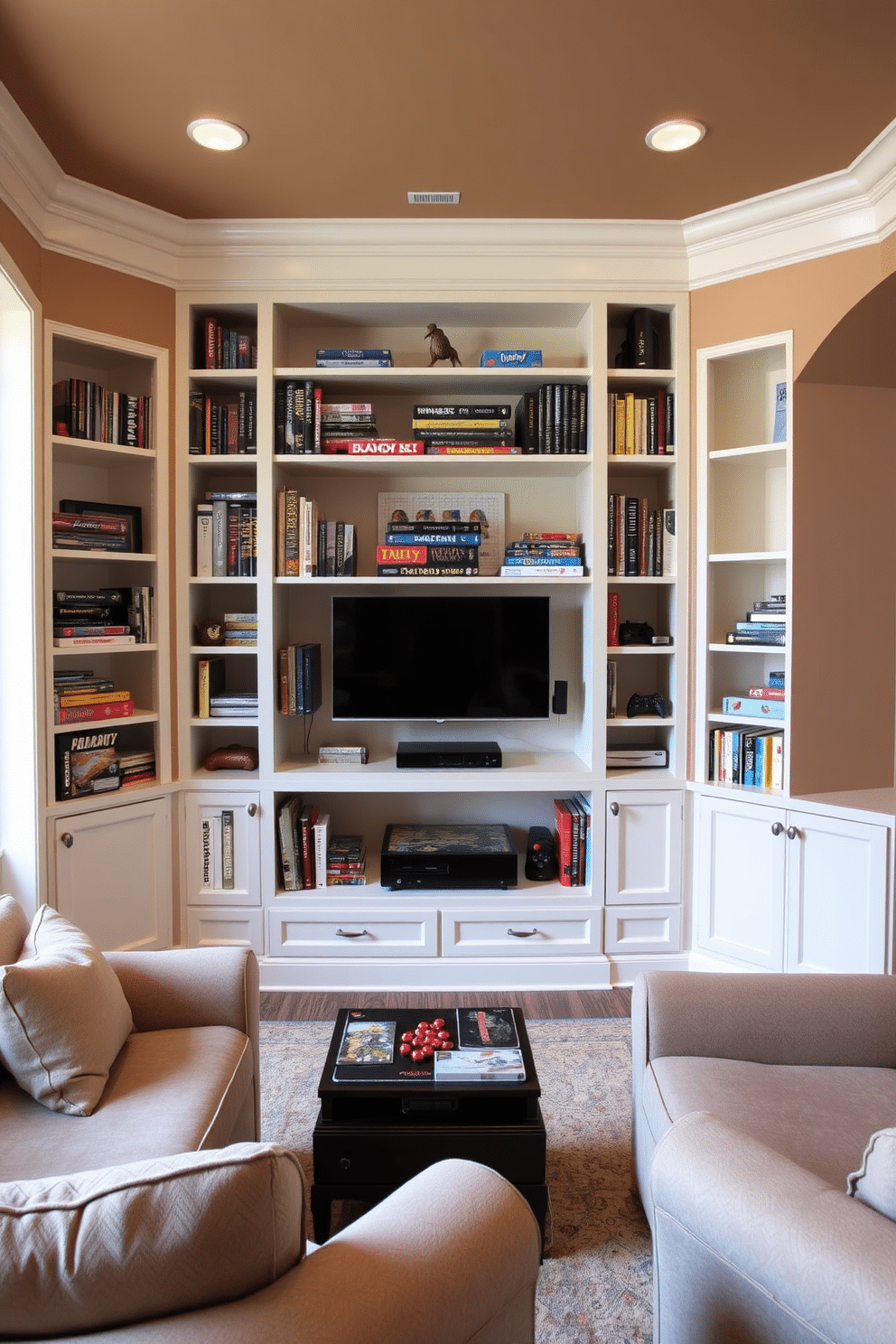 A cozy game room featuring built-in bookshelves that elegantly display a collection of board games and video game consoles. The walls are painted in a warm, inviting hue, and plush seating arrangements create a comfortable atmosphere for friends and family to gather and enjoy game nights.