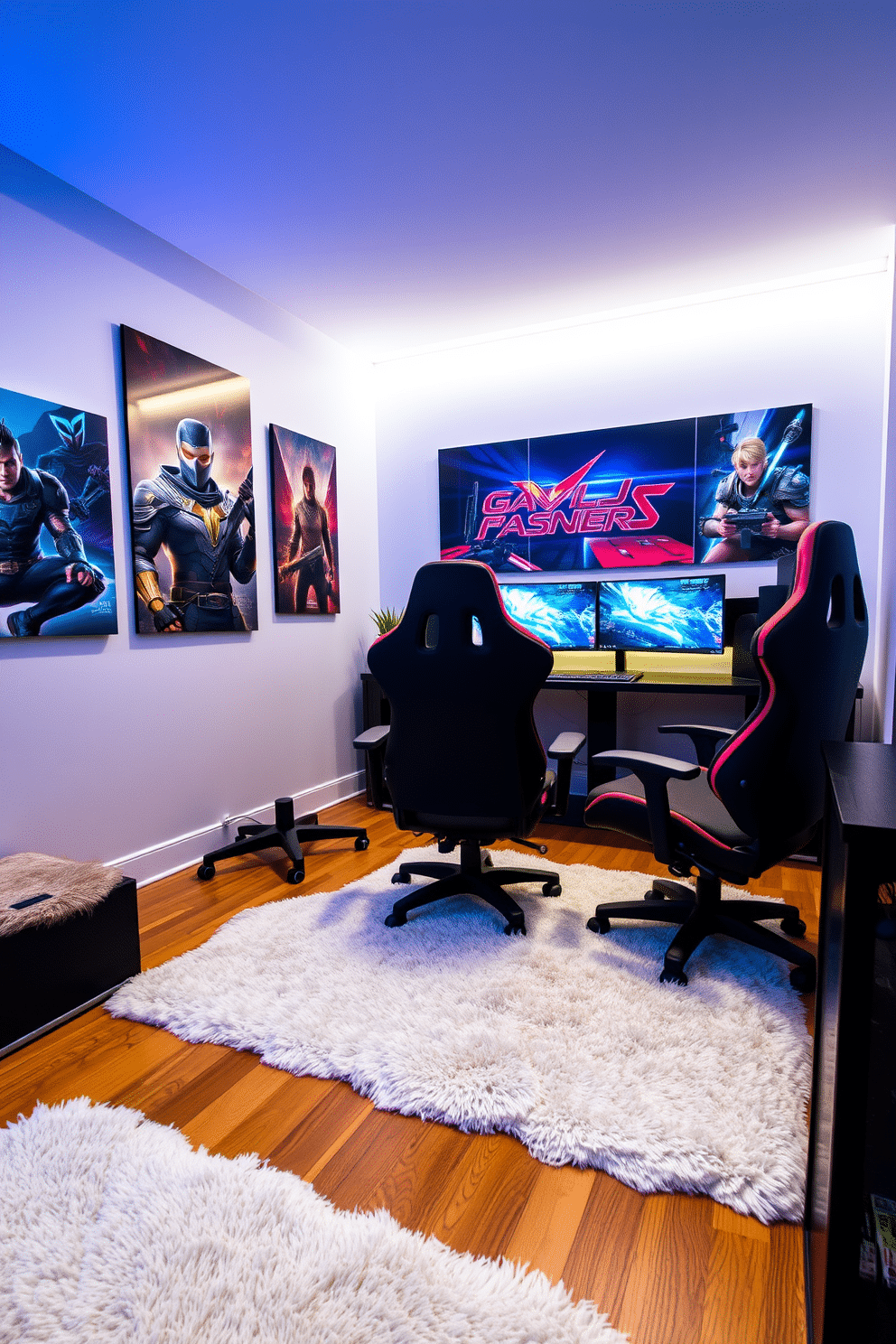 A stylish gaming corner featuring ergonomic chairs designed for comfort and support. The space is illuminated by soft LED lights, creating an inviting atmosphere for long gaming sessions. The walls are adorned with vibrant gaming posters, and a sleek gaming desk holds multiple monitors. Plush rugs cover the hardwood floor, adding warmth and a touch of luxury to the room.