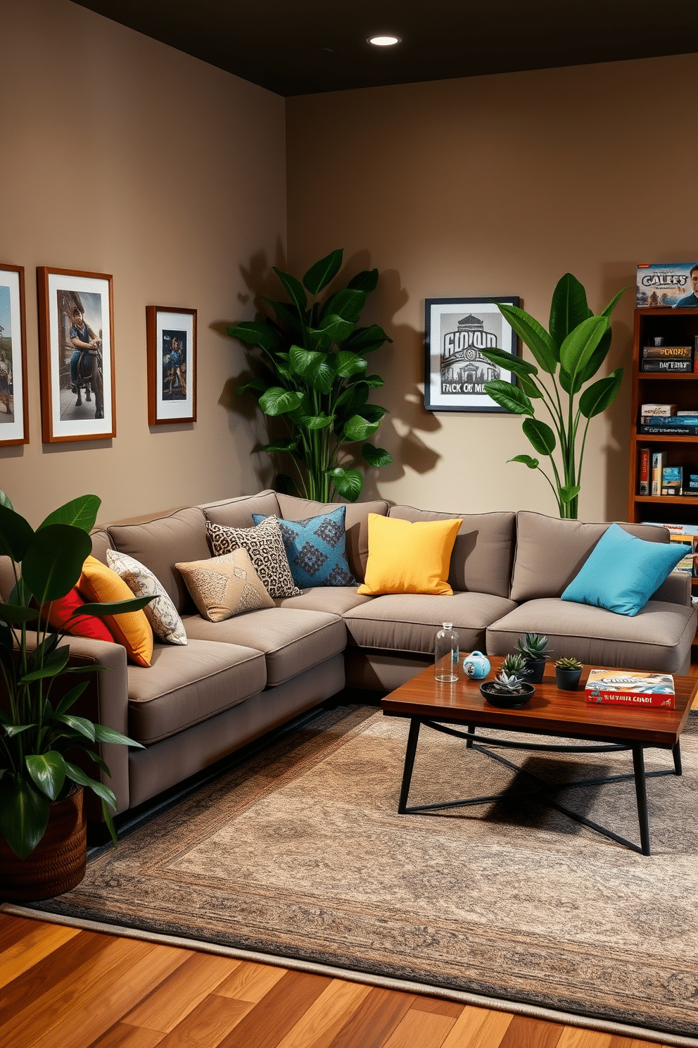 A cozy game room featuring a plush sectional sofa in a warm gray hue, accented with colorful throw pillows. The walls are adorned with framed artwork and shelves filled with board games, while a large area rug anchors the space, providing comfort underfoot. Indoor plants are strategically placed throughout the room, including a tall fiddle leaf fig in the corner and smaller succulents on the coffee table. Soft, ambient lighting creates a welcoming atmosphere, enhancing the vibrant greens of the foliage and inviting relaxation and fun.