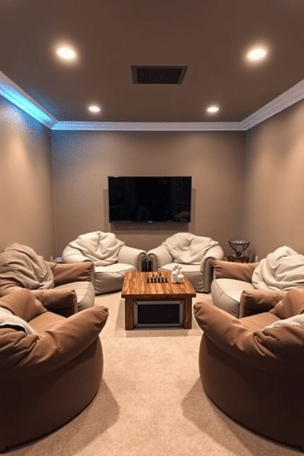 A cozy game room featuring plush bean bags arranged in a semi-circle around a low wooden coffee table. The walls are painted in a warm taupe, with soft ambient lighting creating an inviting atmosphere for gaming and relaxation.