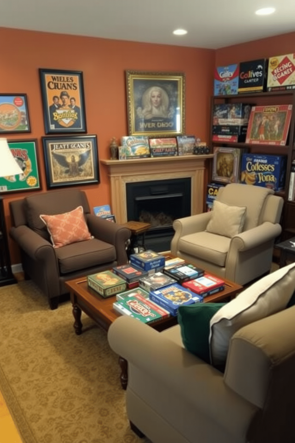 A cozy game room featuring classic board games displayed as decor. The walls are painted in a warm, inviting color, and comfortable seating is arranged around a central coffee table adorned with vintage game boxes.