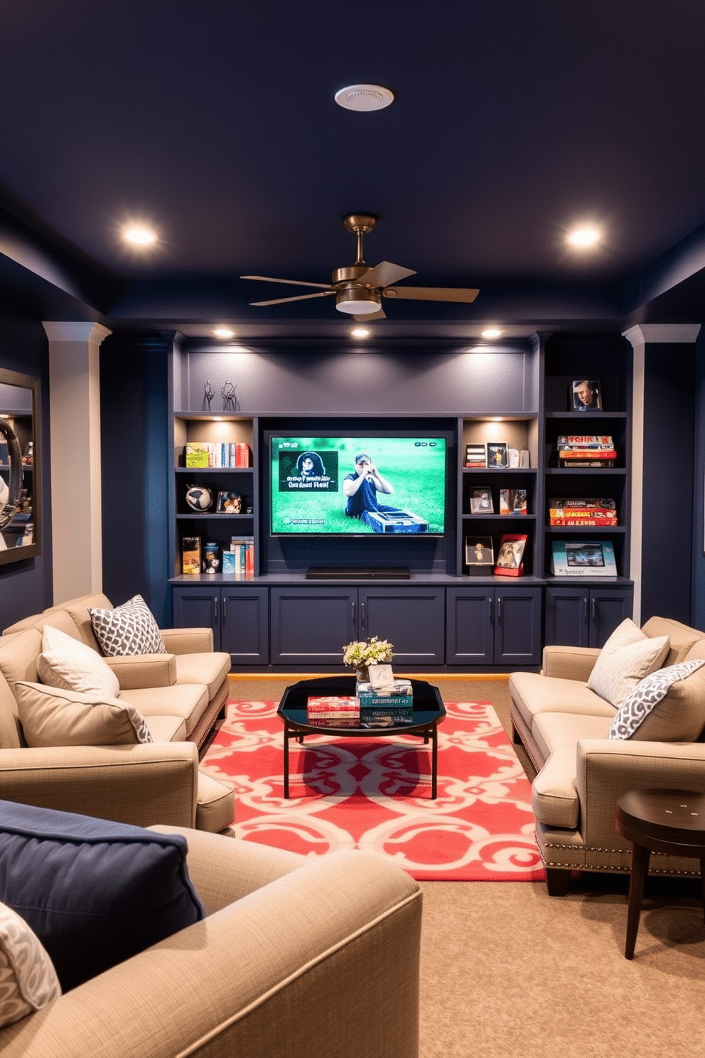 A cozy game room featuring a wall-mounted TV positioned at eye level for optimal viewing. The space is adorned with plush seating, warm lighting, and a stylish coffee table, creating an inviting atmosphere for relaxation and entertainment. The walls are painted in a deep navy blue, complemented by soft gray accents. A vibrant area rug anchors the seating area, while shelves filled with games and collectibles add a personal touch to the decor.