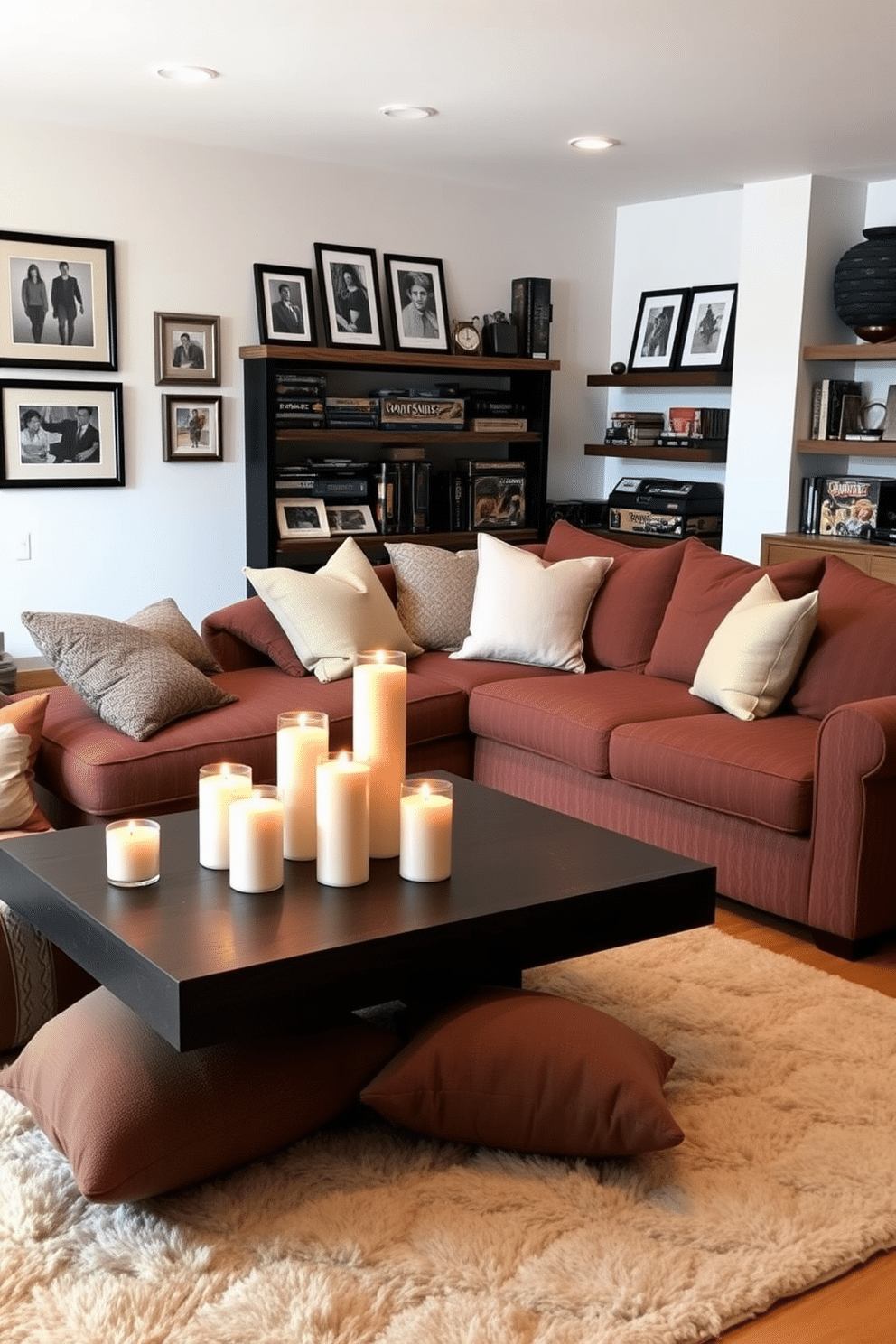 A collection of scented candles in varying heights and sizes is arranged on a sleek, dark wooden coffee table, casting a warm, inviting glow throughout the room. Plush, oversized cushions are scattered on a soft area rug, creating a perfect nook for relaxation and unwinding. The cozy game room features a large sectional sofa upholstered in a rich, textured fabric, positioned around a low, rustic coffee table. Walls adorned with framed artwork and shelves filled with board games create an inviting atmosphere, while soft lighting enhances the playful yet comfortable vibe.