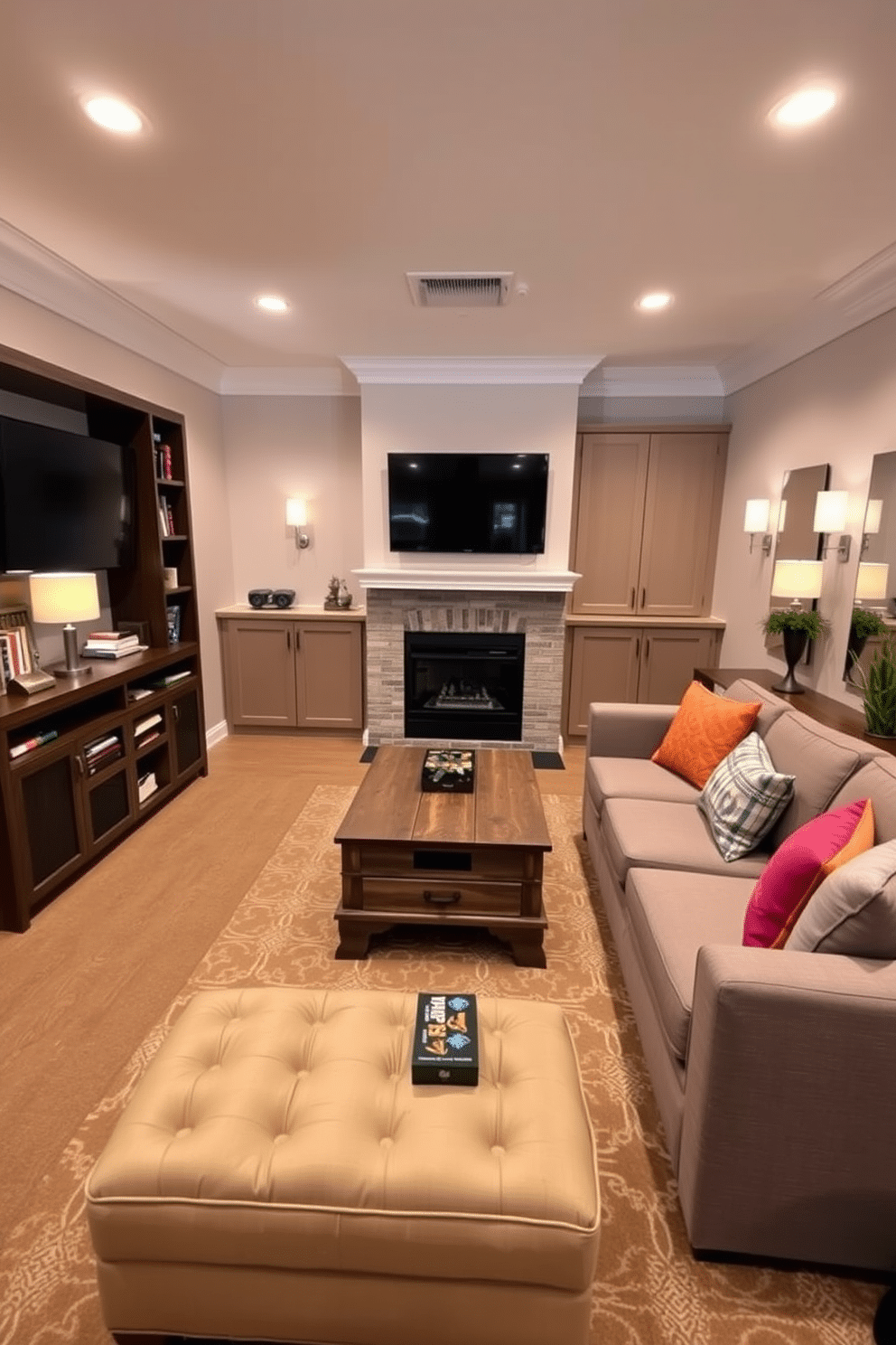 A cozy game room designed for relaxation and entertainment. The space features a plush sectional sofa in a warm gray fabric, accented by colorful throw pillows, and a large coffee table made of reclaimed wood at the center. Against one wall, a custom-built shelving unit displays board games and books, while a mounted flat-screen TV sits above an electric fireplace, creating a focal point for the room. Soft ambient lighting from floor lamps and recessed lights enhances the inviting atmosphere, and a patterned area rug adds warmth underfoot. Hidden storage solutions seamlessly integrated into the design for a clutter-free space. A stylish ottoman doubles as storage for blankets and games, while built-in cabinets along the walls provide discreet space for additional items, maintaining the room's clean aesthetic. The walls are painted in a soft, neutral tone, allowing the furniture and decor to shine, while strategically placed mirrors help to reflect light and create a sense of openness. A few potted plants add a touch of greenery, enhancing the overall comfort and inviting nature of the game room.